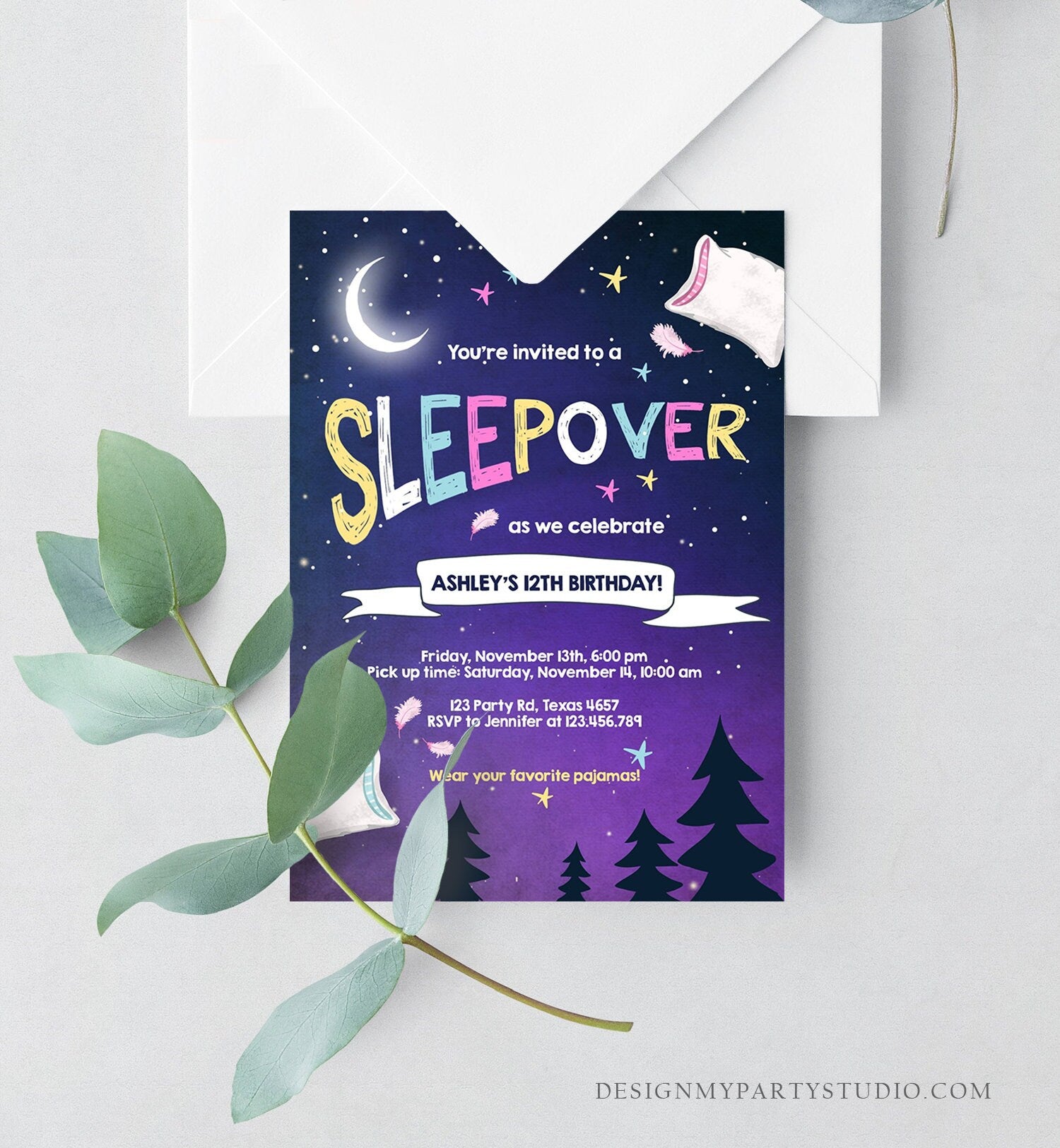 Editable Sleepover Birthday Invitation Pajamas Slumber Party Invite Pillow Fight Girl Purple Download Printable Template Corjl Digital 0209