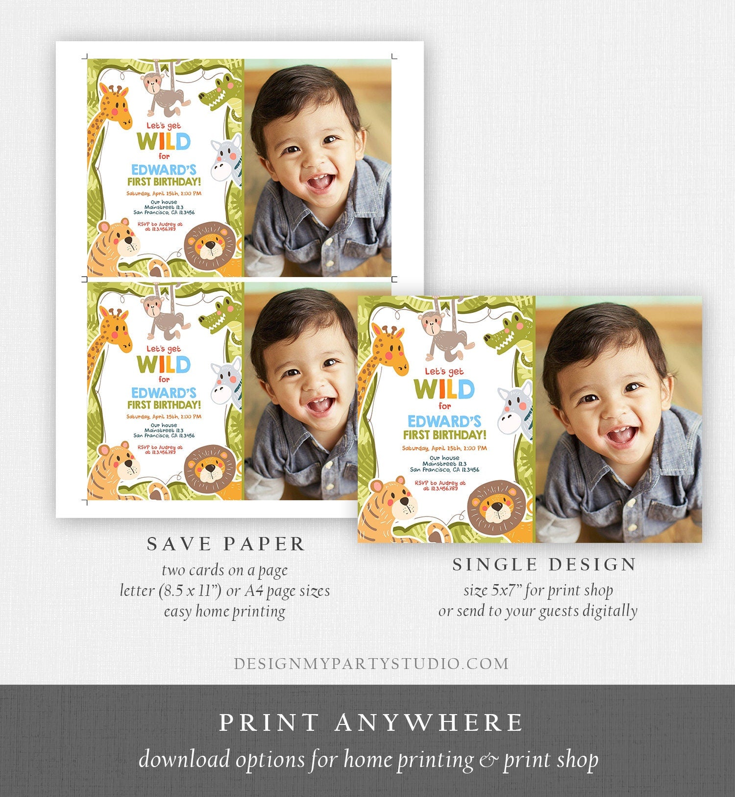 Editable Birthday Invitation Safari Animals Wild Invitation Jungle Animals Safari Zoo Boy Download Printable Template Corjl Digital 0086