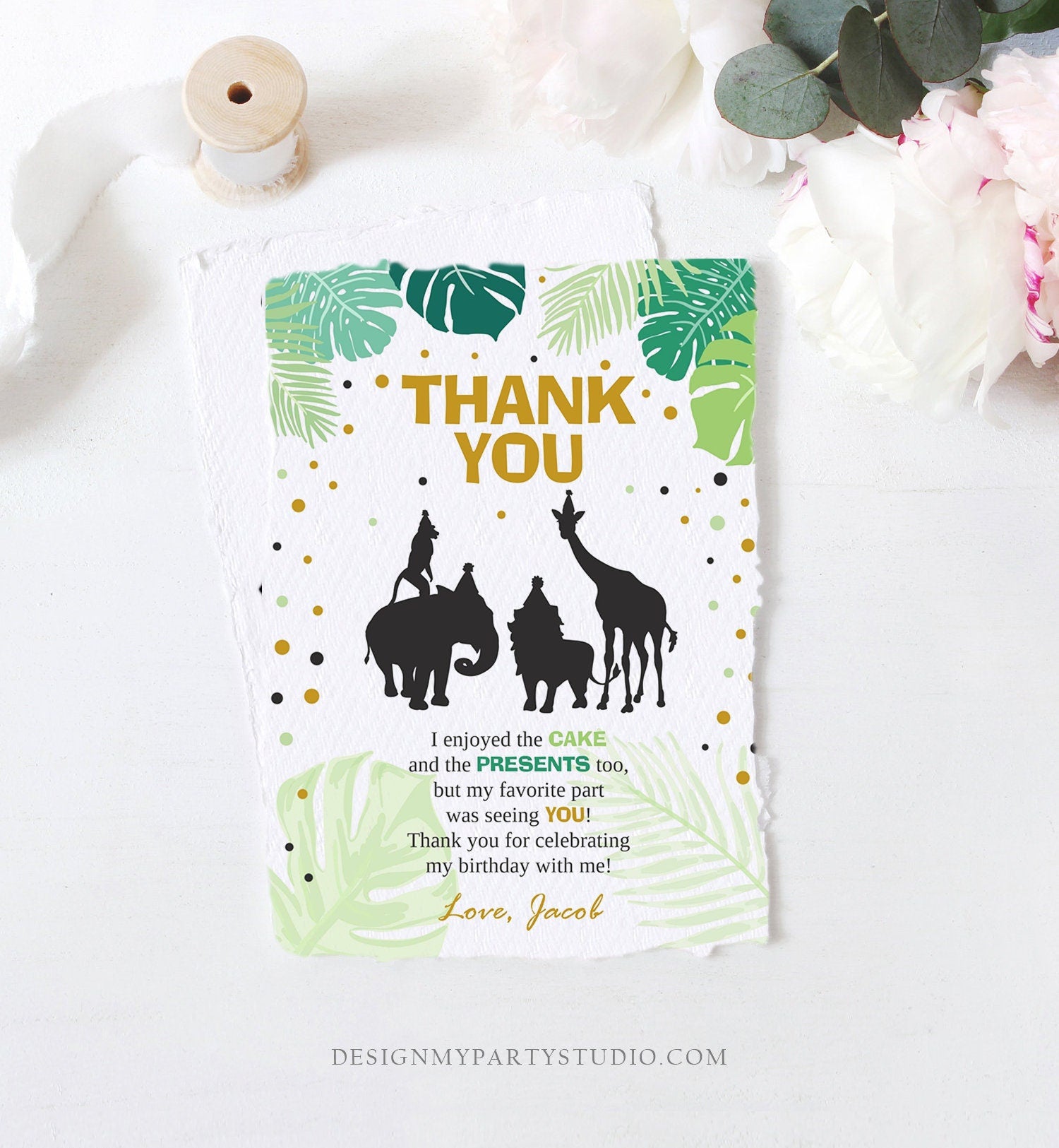 Editable Safari Animals Thank You Card Wild One Thank You Note Black Gold Boy Jungle Zoo Animals Printable Corjl Template Digital 0016