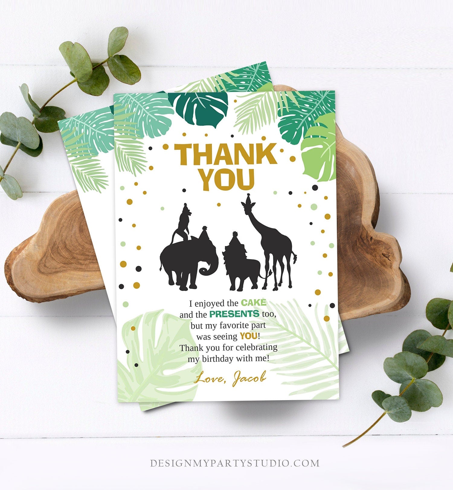 Editable Safari Animals Thank You Card Wild One Thank You Note Black Gold Boy Jungle Zoo Animals Printable Corjl Template Digital 0016