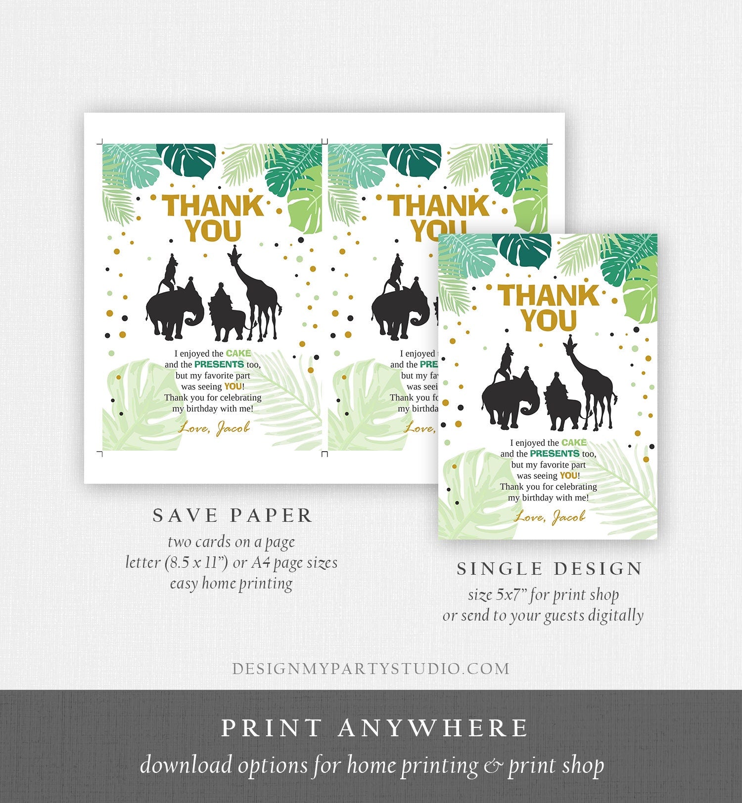 Editable Safari Animals Thank You Card Wild One Thank You Note Black Gold Boy Jungle Zoo Animals Printable Corjl Template Digital 0016