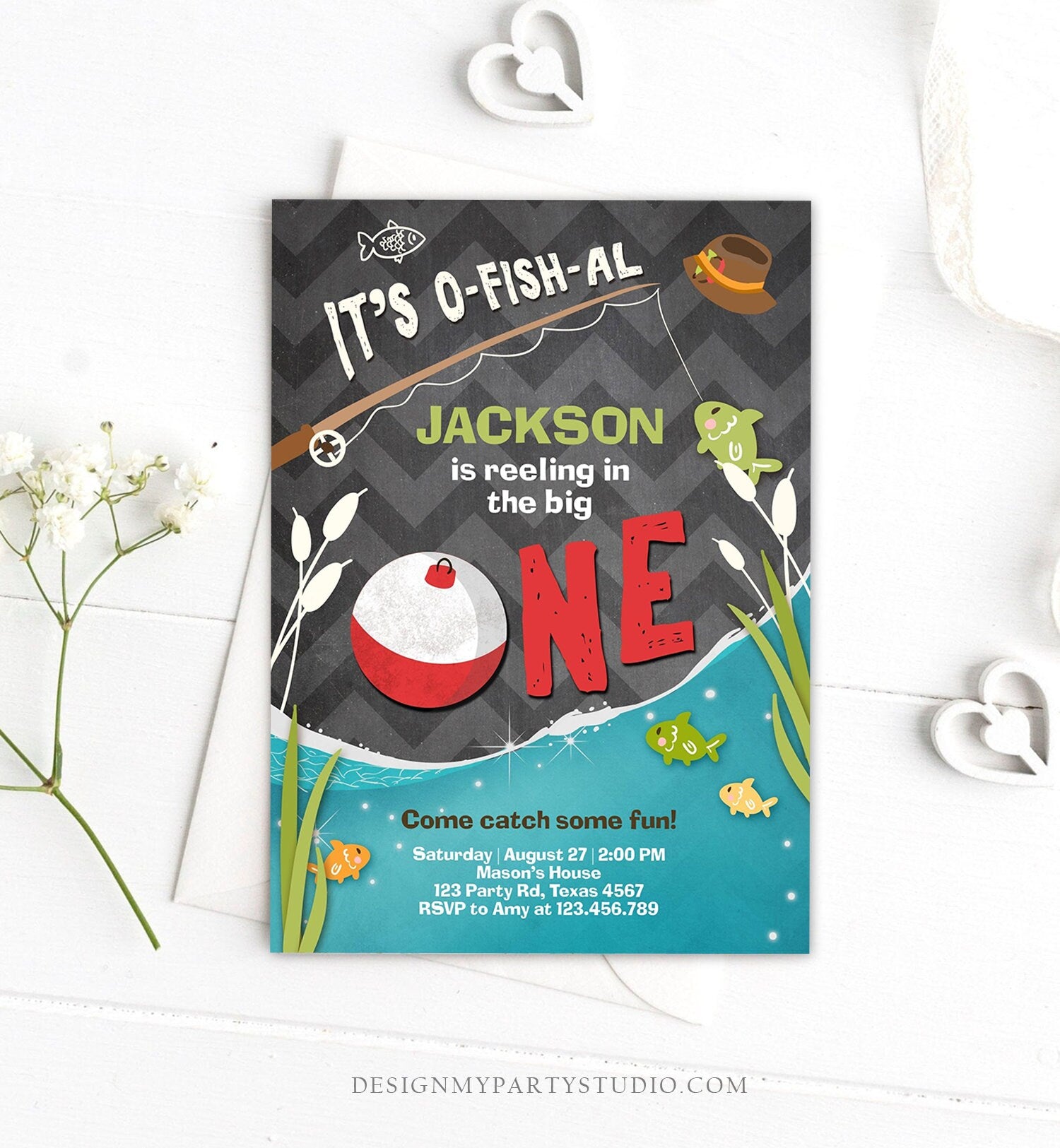 Editable First Birthday Fishing Invitation Fishing Party The Big One O -  Design My Party Studio