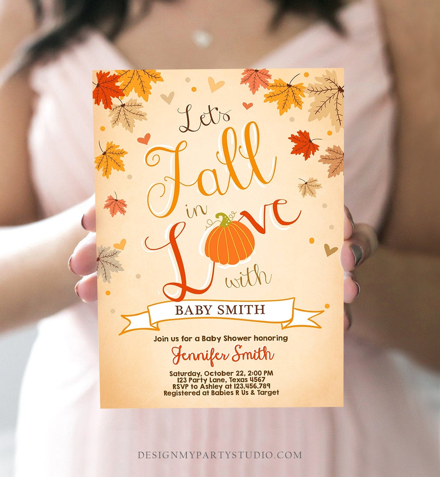 Editable Fall in Love Baby Shower Invitation Little Pumpkin Falling in Love Autumn Leaves Digital Download Printable Corjl Template 0077