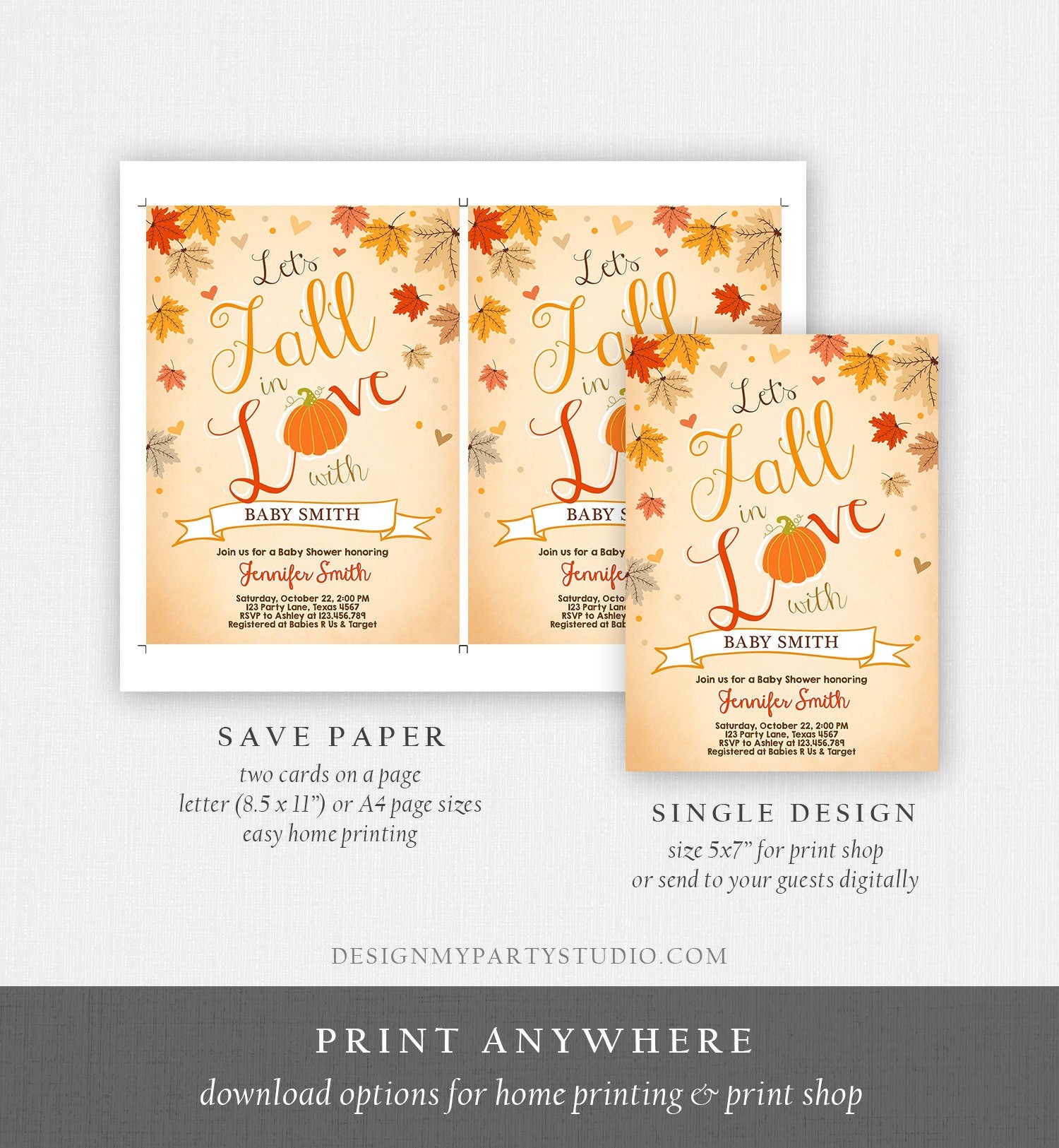 Editable Fall in Love Baby Shower Invitation Little Pumpkin Falling in Love Autumn Leaves Digital Download Printable Corjl Template 0077