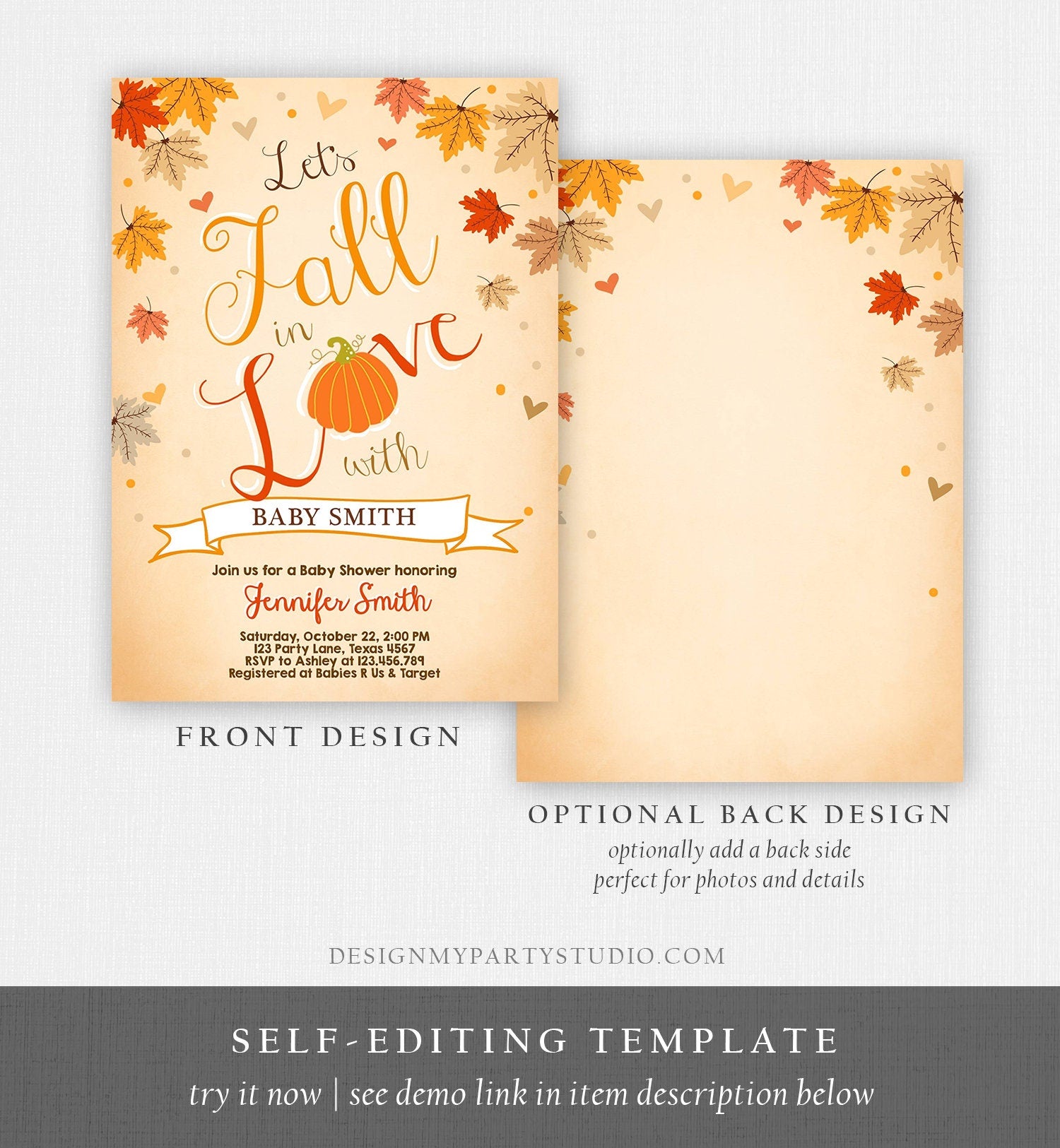 Editable Fall in Love Baby Shower Invitation Little Pumpkin Falling in Love Autumn Leaves Digital Download Printable Corjl Template 0077