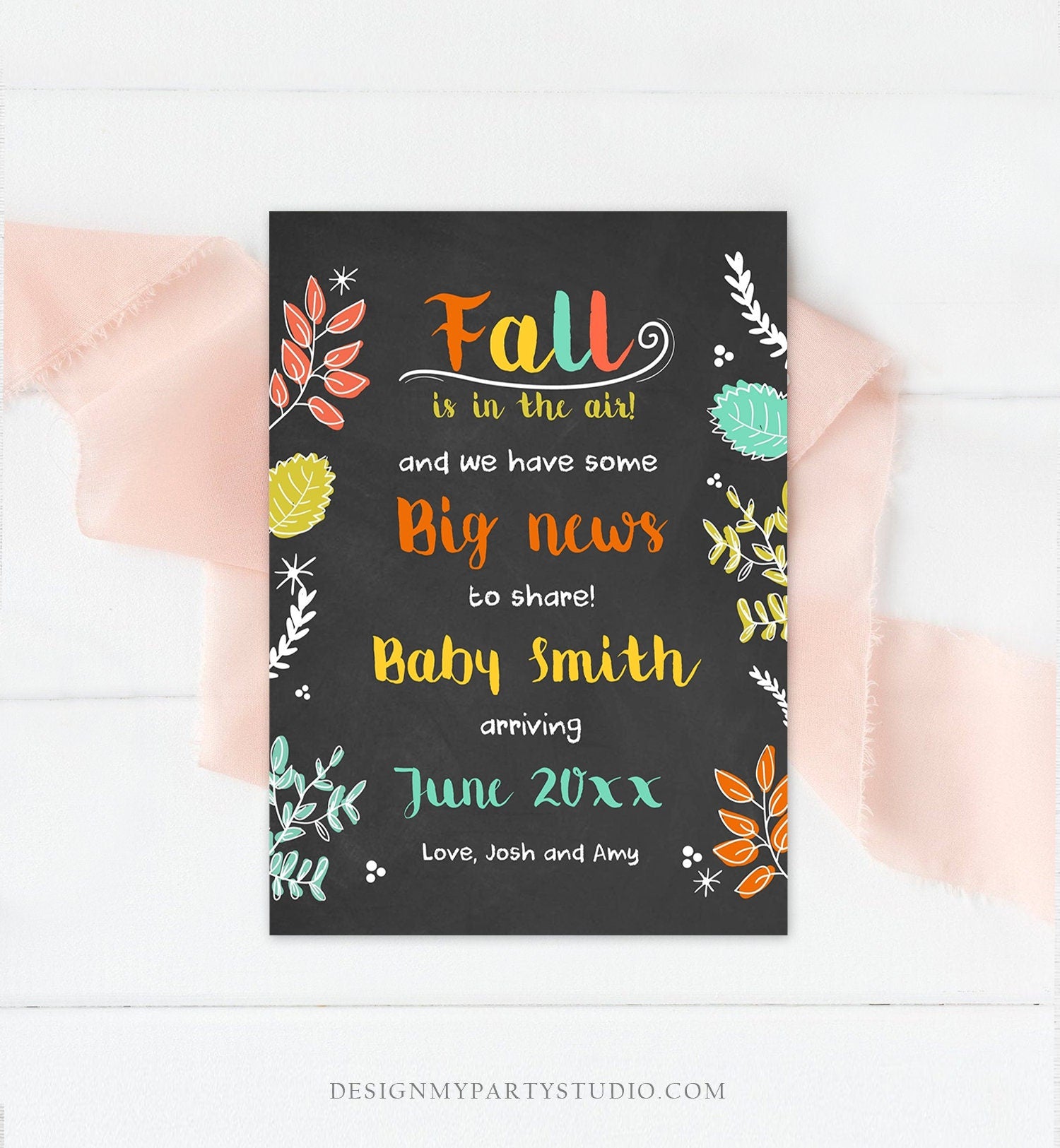 Editable Fall Pregnancy Announcement Autumn Fall is in the Air Thanksgiving We're Expecting a Baby On the Way Corjl Template Printable