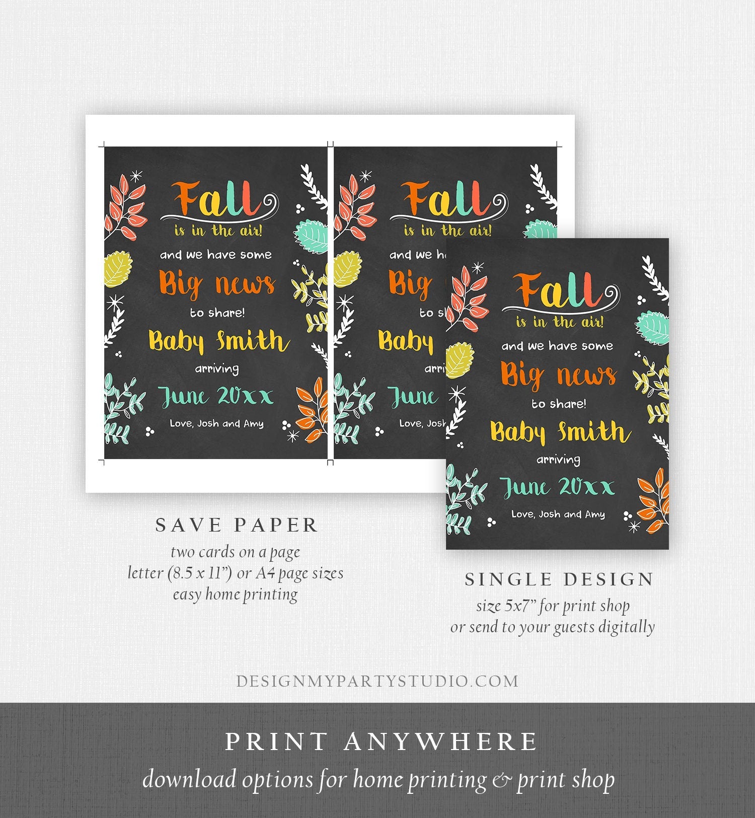 Editable Fall Pregnancy Announcement Autumn Fall is in the Air Thanksgiving We're Expecting a Baby On the Way Corjl Template Printable