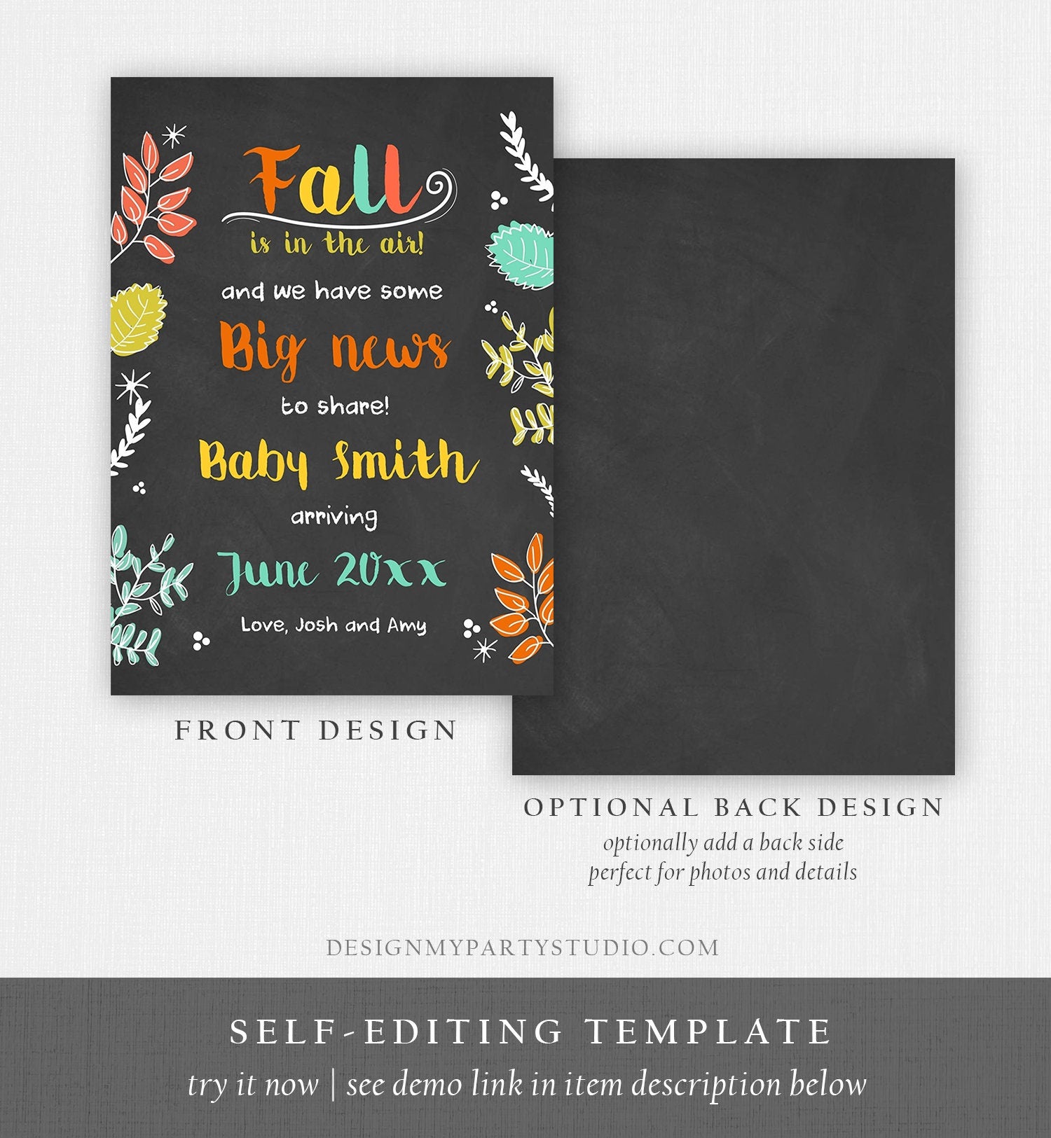 Editable Fall Pregnancy Announcement Autumn Fall is in the Air Thanksgiving We're Expecting a Baby On the Way Corjl Template Printable