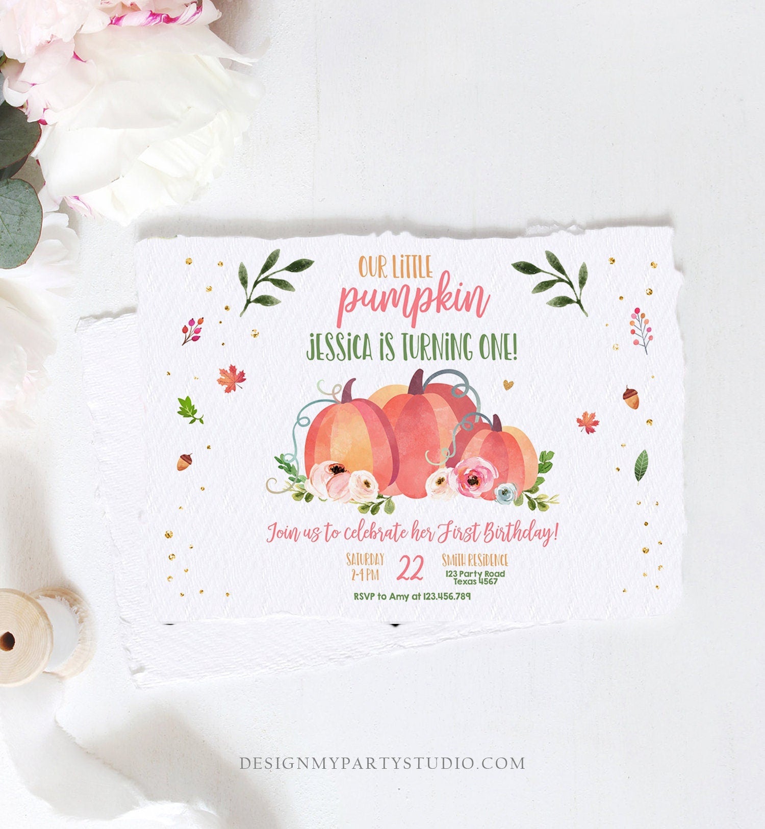 Editable Little Pumpkin Birthday Invitation First Birthday Girl Pink Pumpkin Patch Autumn Fall Party Rustic Printable Corjl Template 0151