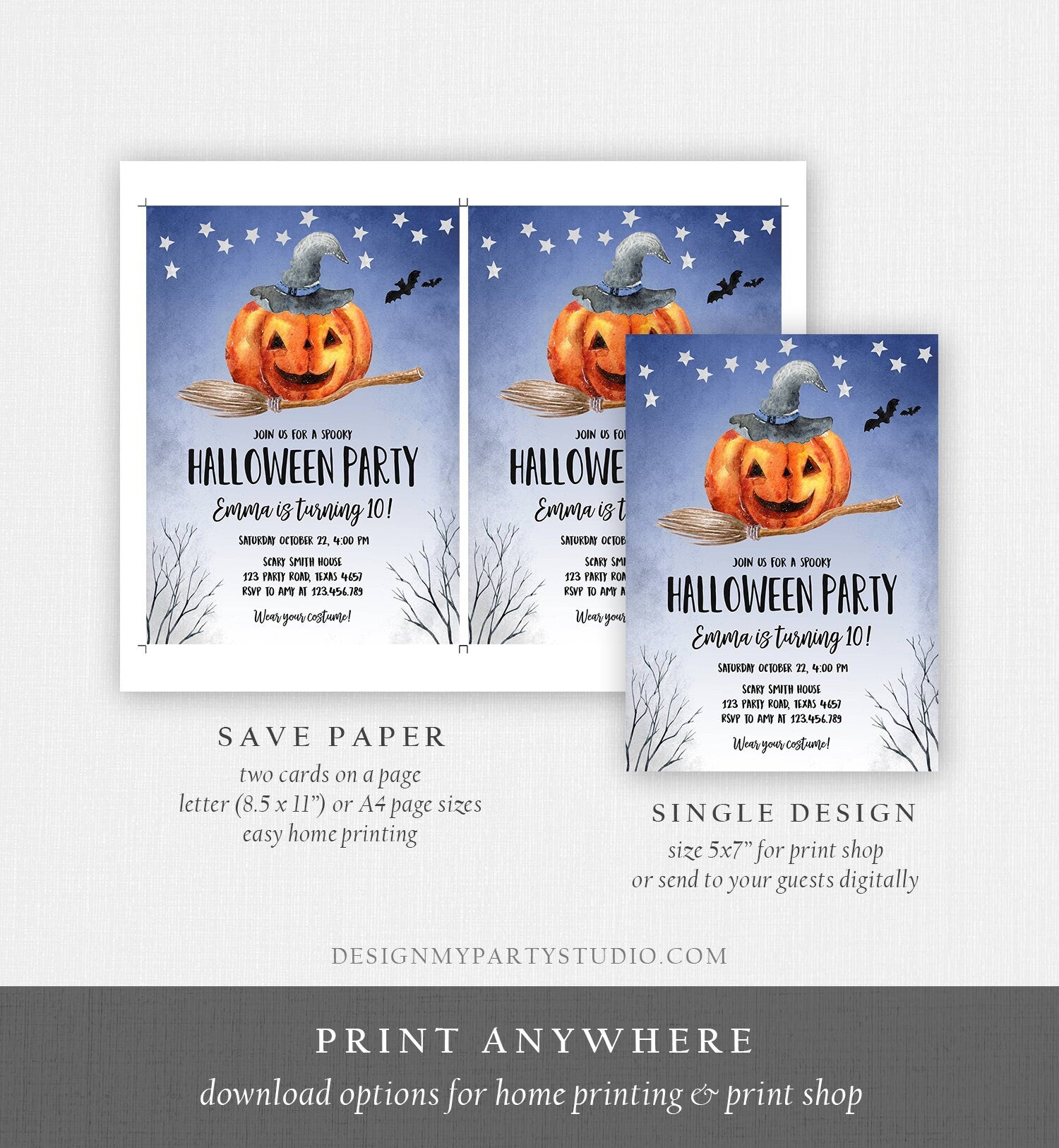 Editable Halloween Birthday Invitation Pumpkin Witch Hat Broom Costume Party Girl Blue Trick or Treat Download Corjl Template Printable 0187