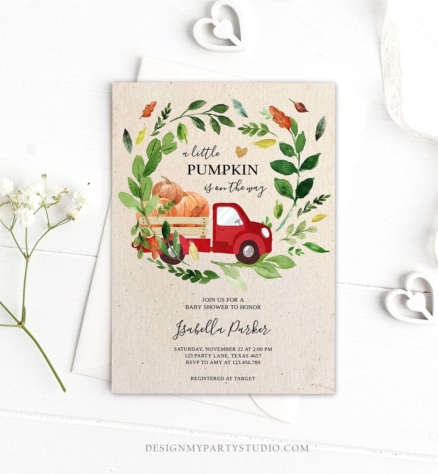 Editable Little Pumpkin Baby Shower Invitation Fall Pumpkin Truck Baby Shower Rustic Gender Neutral Download Printable Digital Corjl 0154