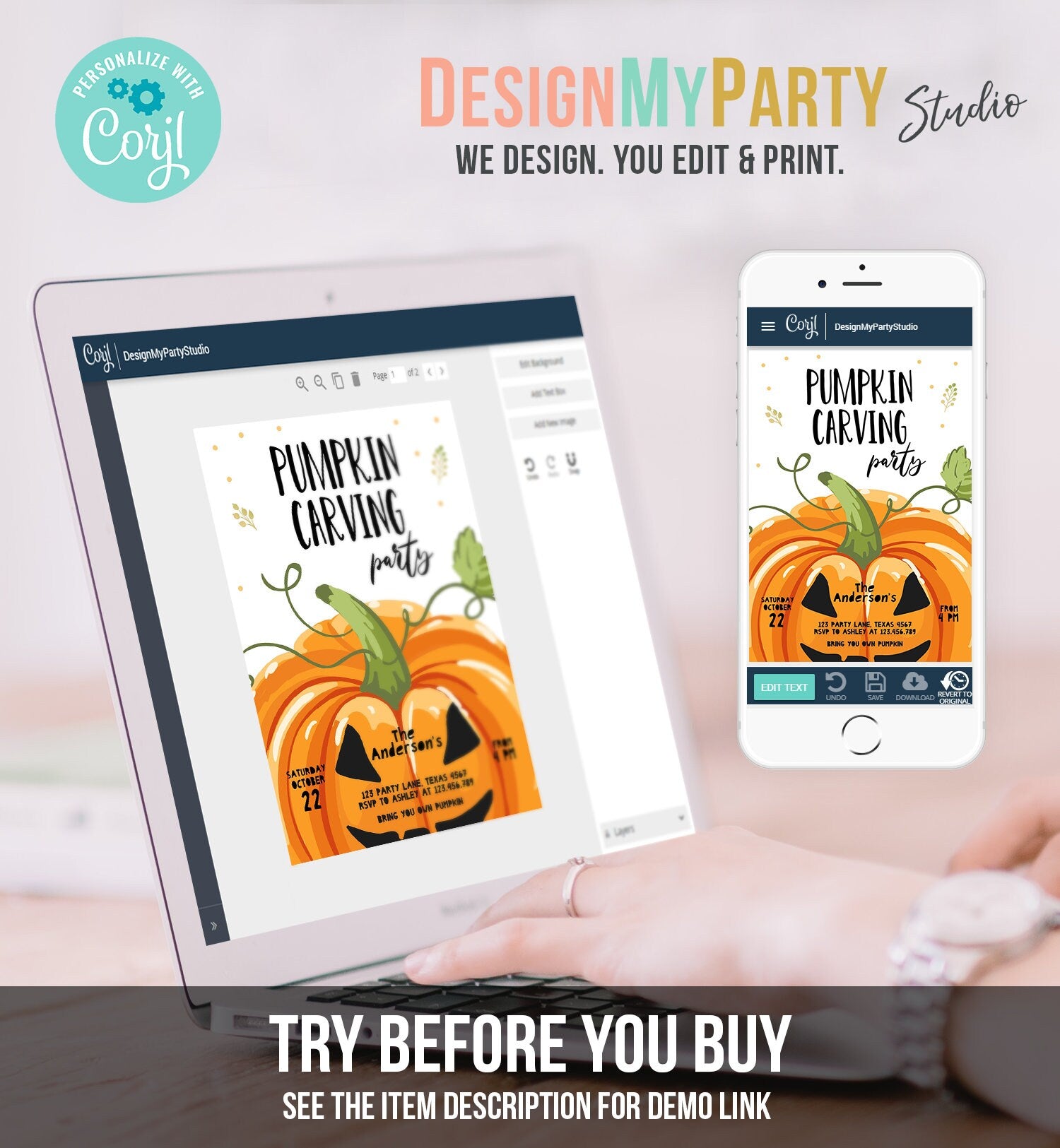 Editable Pumpkin Carving Party Invitation Fall Party Autumn Party Halloween Carving Invitation Self Editing Printable Template Corjl 0175