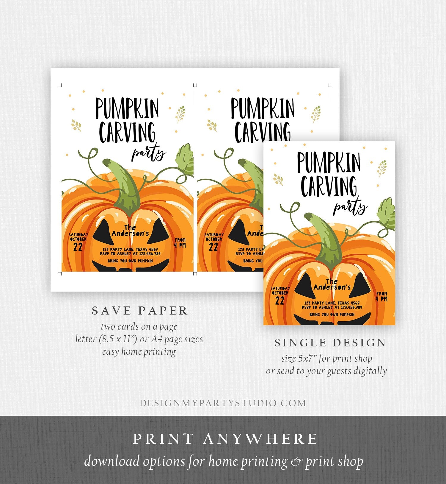 Editable Pumpkin Carving Party Invitation Fall Party Autumn Party Halloween Carving Invitation Self Editing Printable Template Corjl 0175