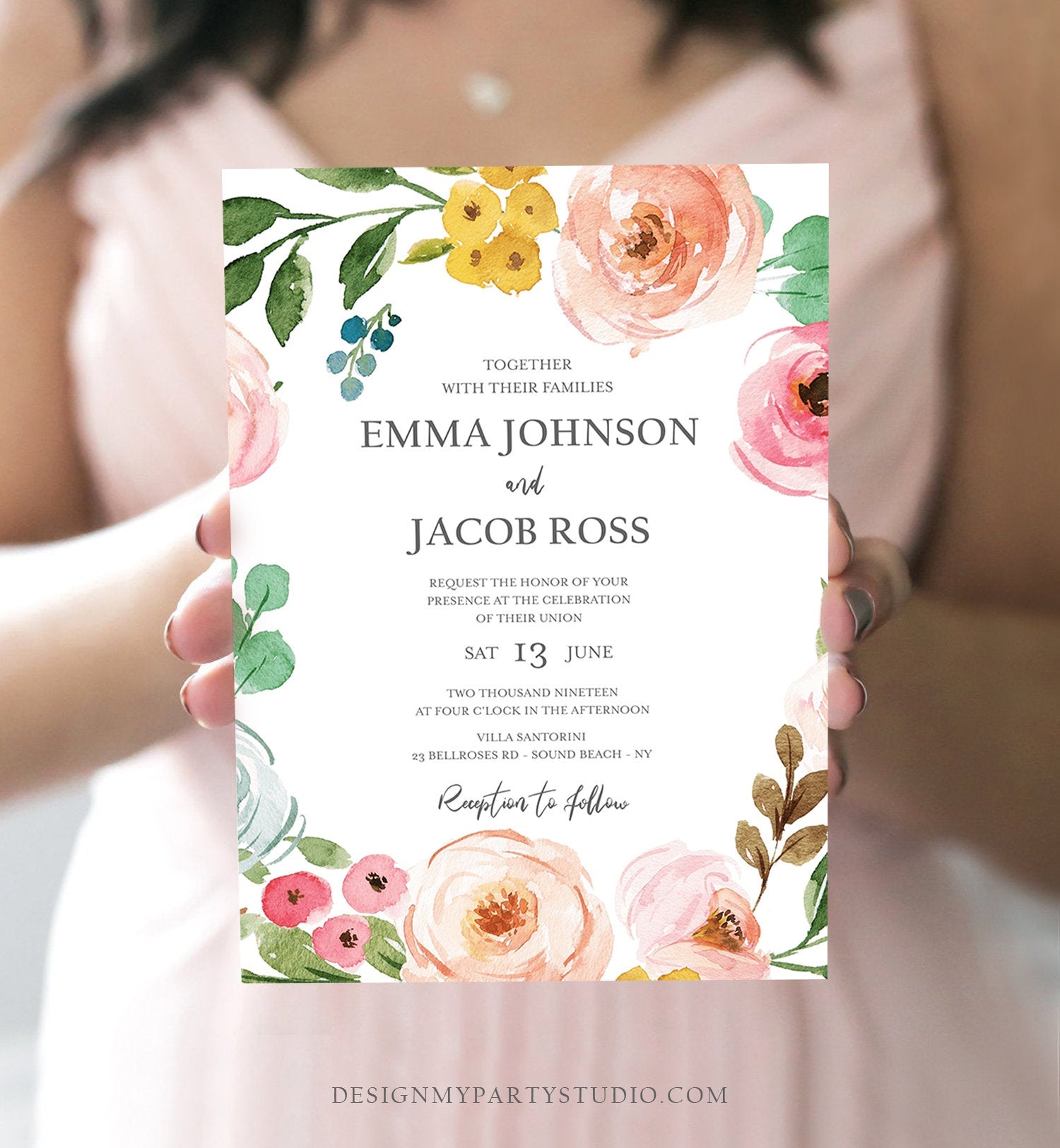 Editable Floral Wedding Invitation Bohemian Pink Floral Greenery Botanical Flowers Boho Vintage Download Corjl Template Printable 0166