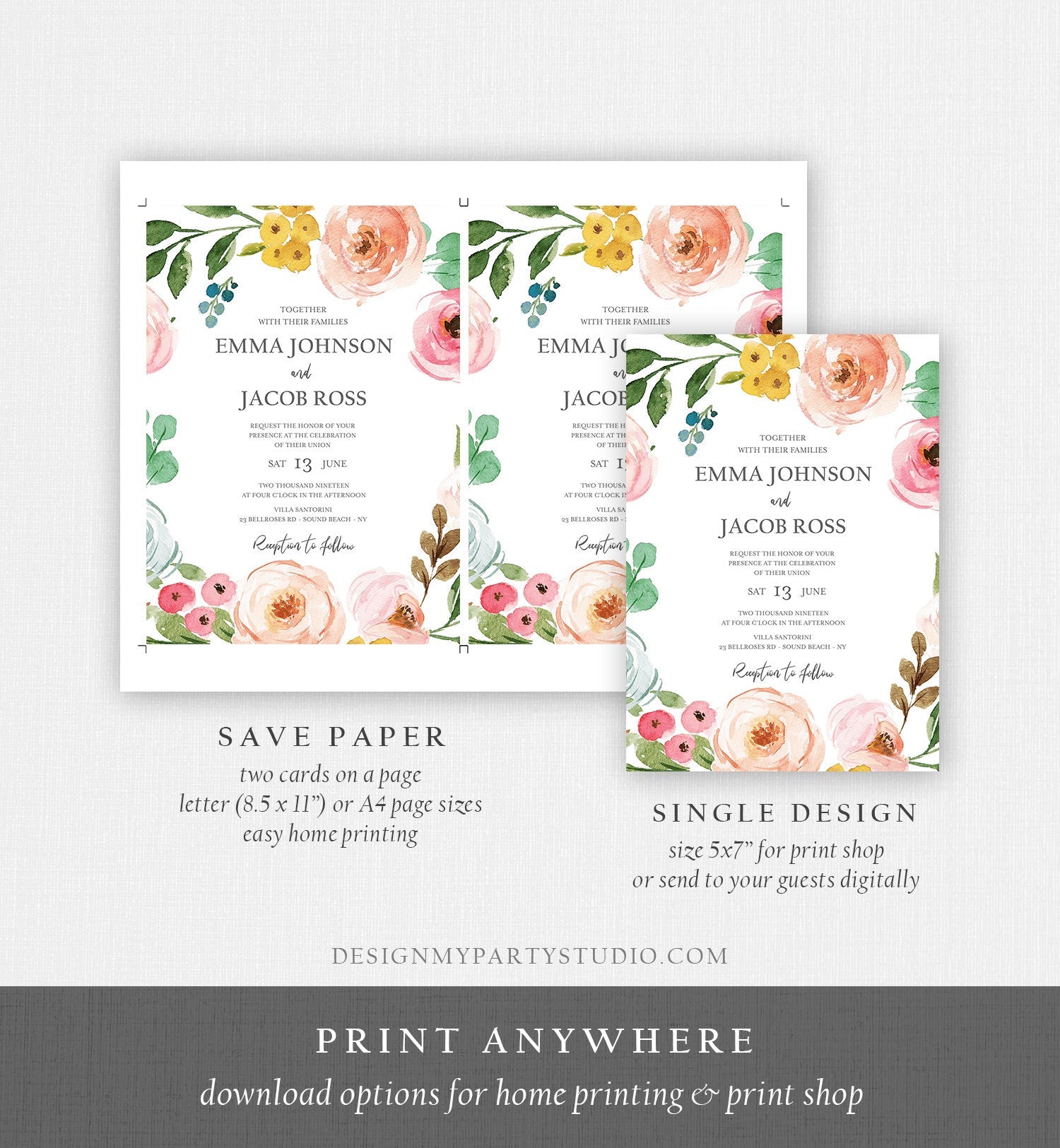 Editable Floral Wedding Invitation Bohemian Pink Floral Greenery Botanical Flowers Boho Vintage Download Corjl Template Printable 0166