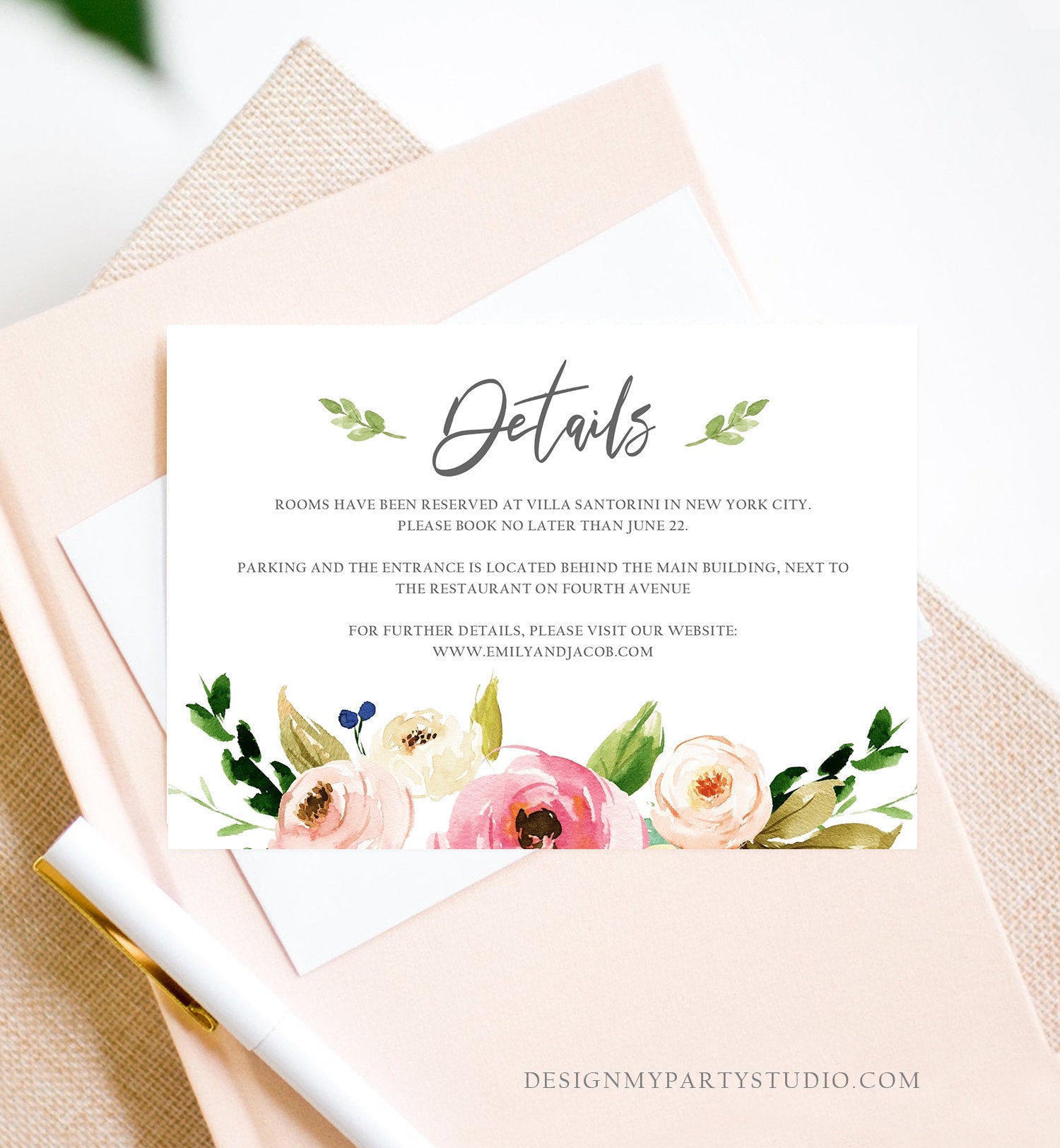 Editable Floral Details Card Wedding Bridal Shower Greenery Boho Information Card Enclosure Card Insert Card Corjl Template Printable 0166