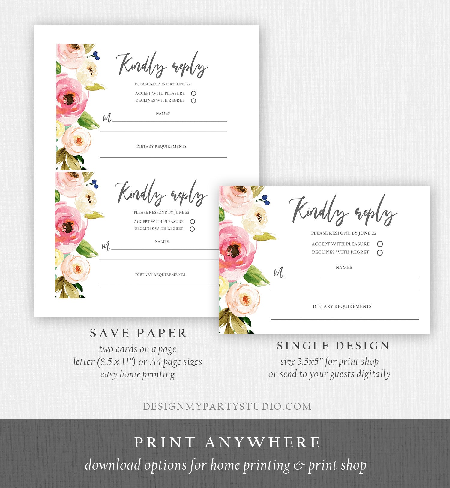 Editable Floral RSVP Card Wedding Pink Flowers Blush Watercolor Greenery Kindly Reply Bohemian Download Corjl Template Printable 0166