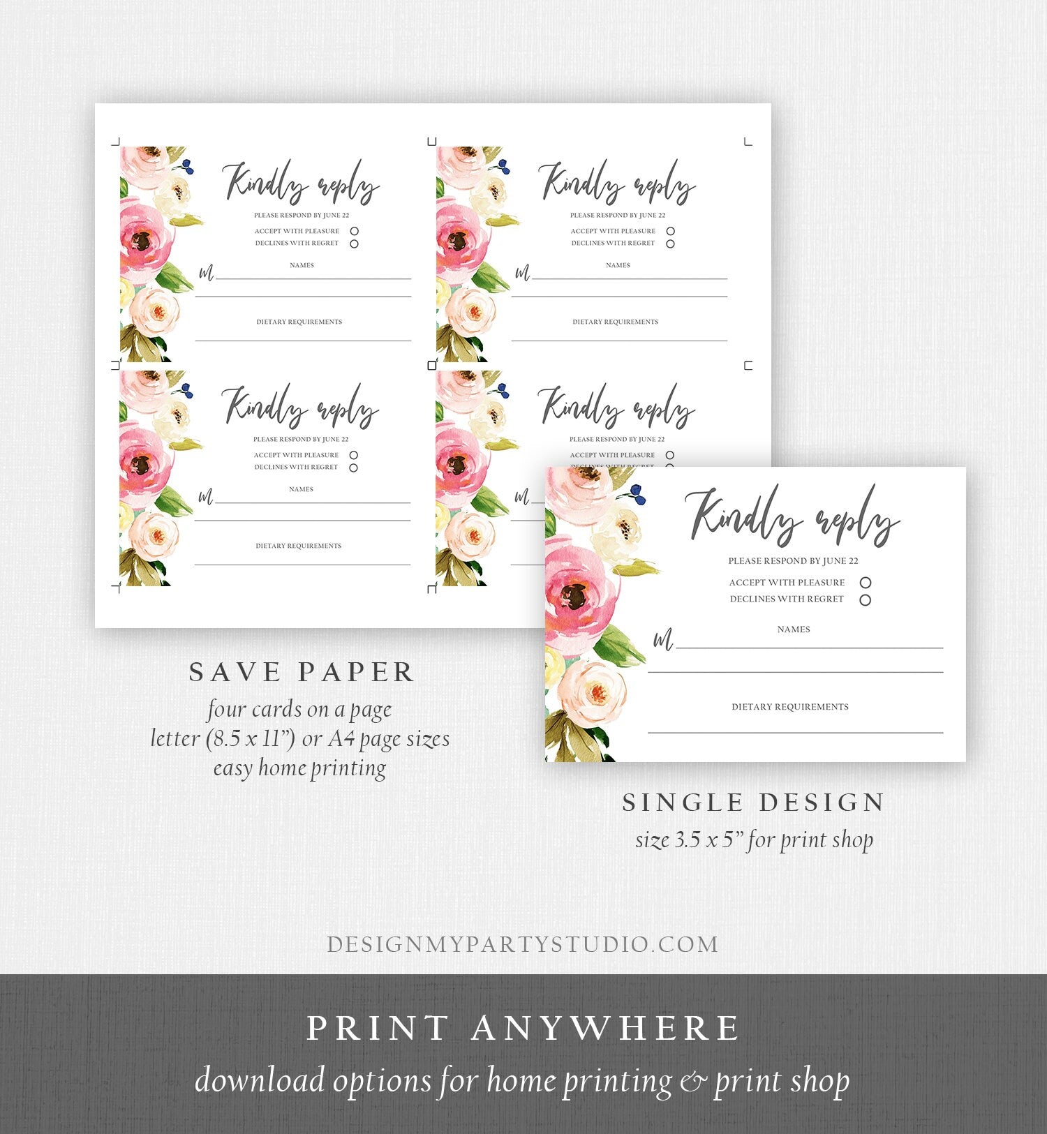 Editable Floral Wedding Invitation Suite Set Bohemian Flowers Botanical Watercolor Pink Floral Wreath Download Corjl Template Printable 0166