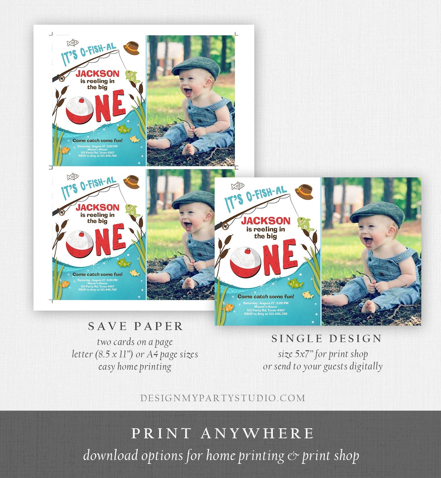 Editable First Birthday Fishing Invitation Fishing Party The Big One O-fish-al Gone Fishing Boy Download Printable Template Corjl 0080