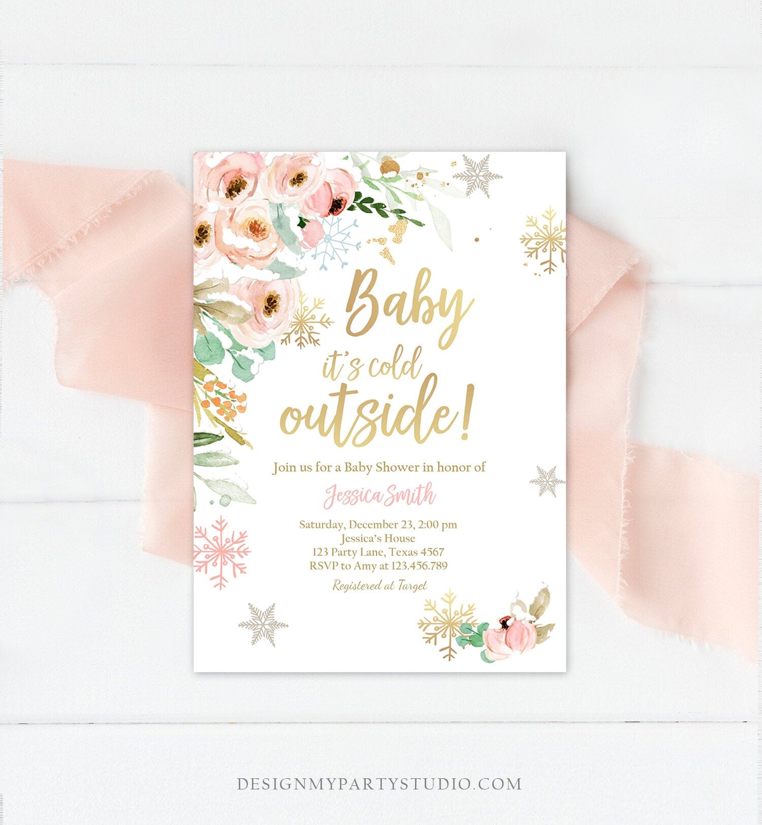 Editable Baby It's Cold Outside Baby Shower Invitation Pink Floral Gold Girl Winter Snow Flowers Download Corjl Template Printable 0184