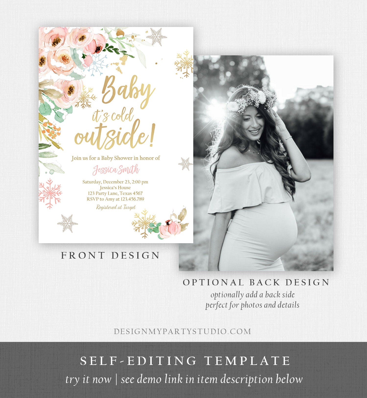 Editable Baby It's Cold Outside Baby Shower Invitation Pink Floral Gold Girl Winter Snow Flowers Download Corjl Template Printable 0184