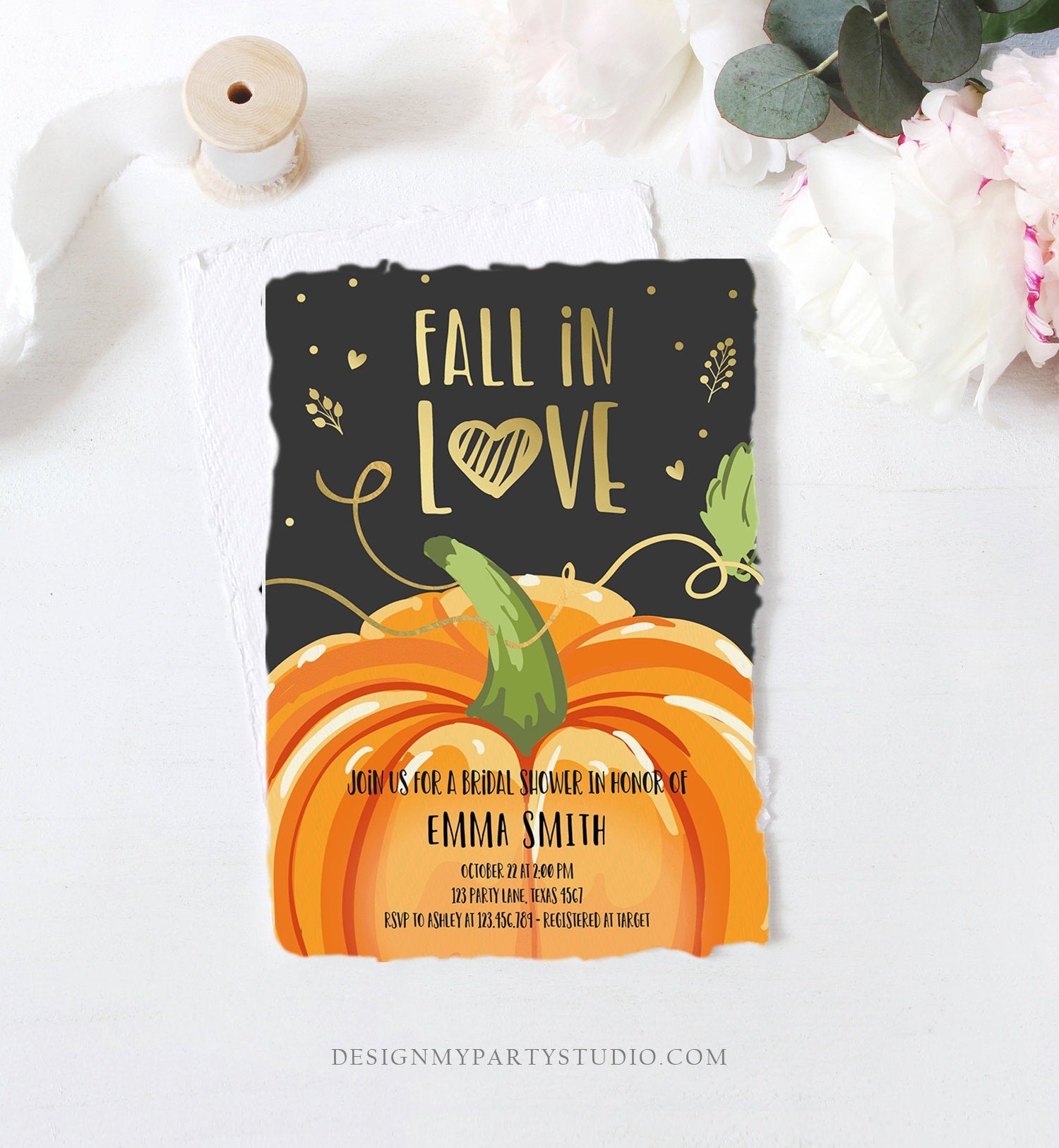 Editable Fall in Love Bridal Shower Invitation Autumn Gold Pumpkin Elegant Fall Baby Shower Instant Download Corjl Template Printable 0175