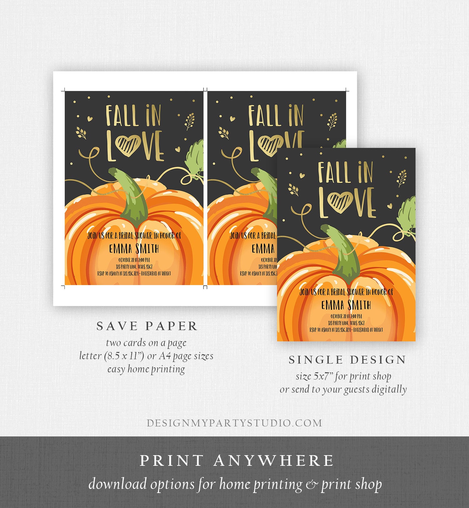 Editable Fall in Love Bridal Shower Invitation Autumn Gold Pumpkin Elegant Fall Baby Shower Instant Download Corjl Template Printable 0175