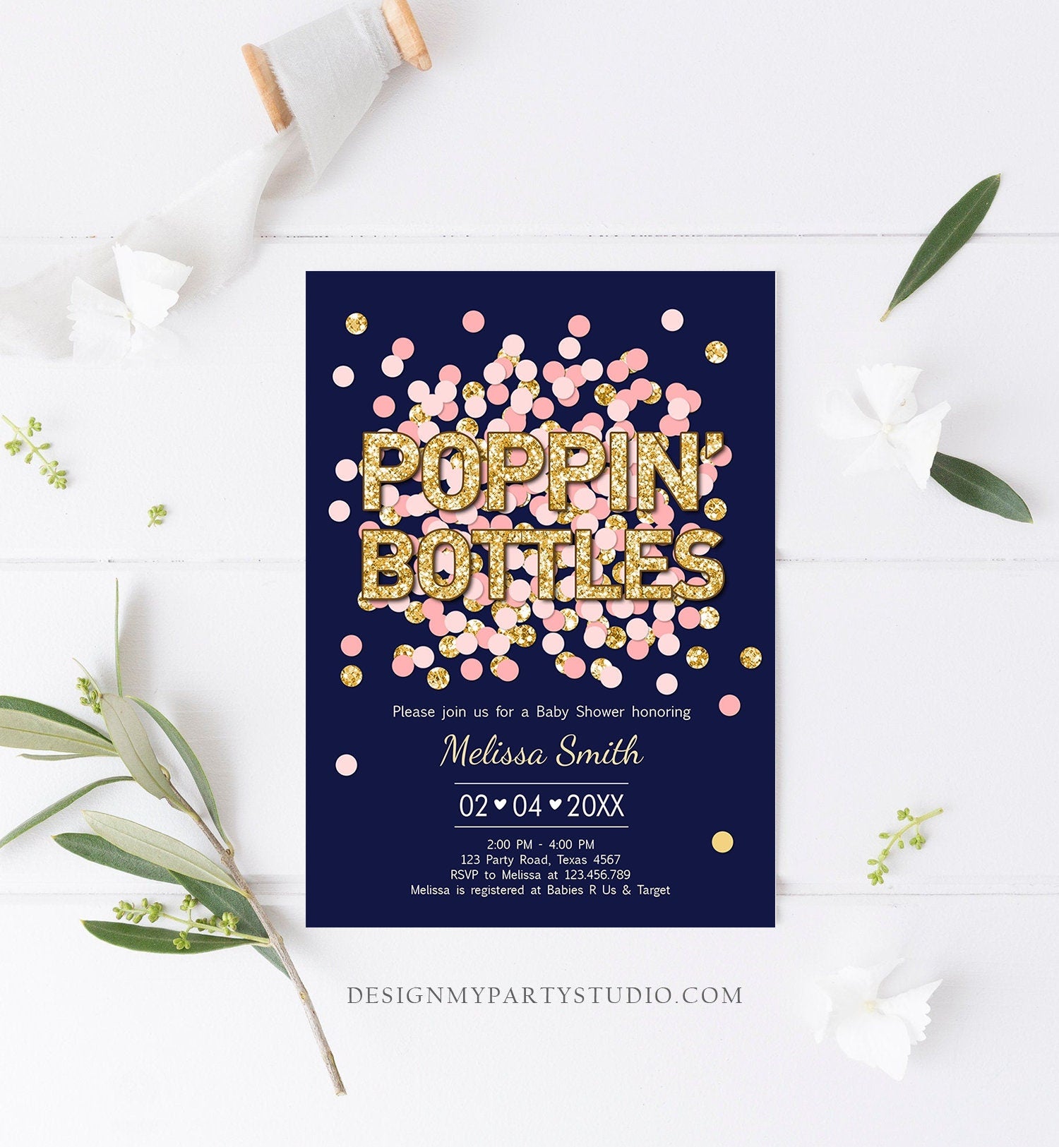 Editable Poppin' Bottles Baby Shower Invitation Navy Blue Confetti Gold Couples Coed Shower Baby is Brewing Corjl Template Printable 0114