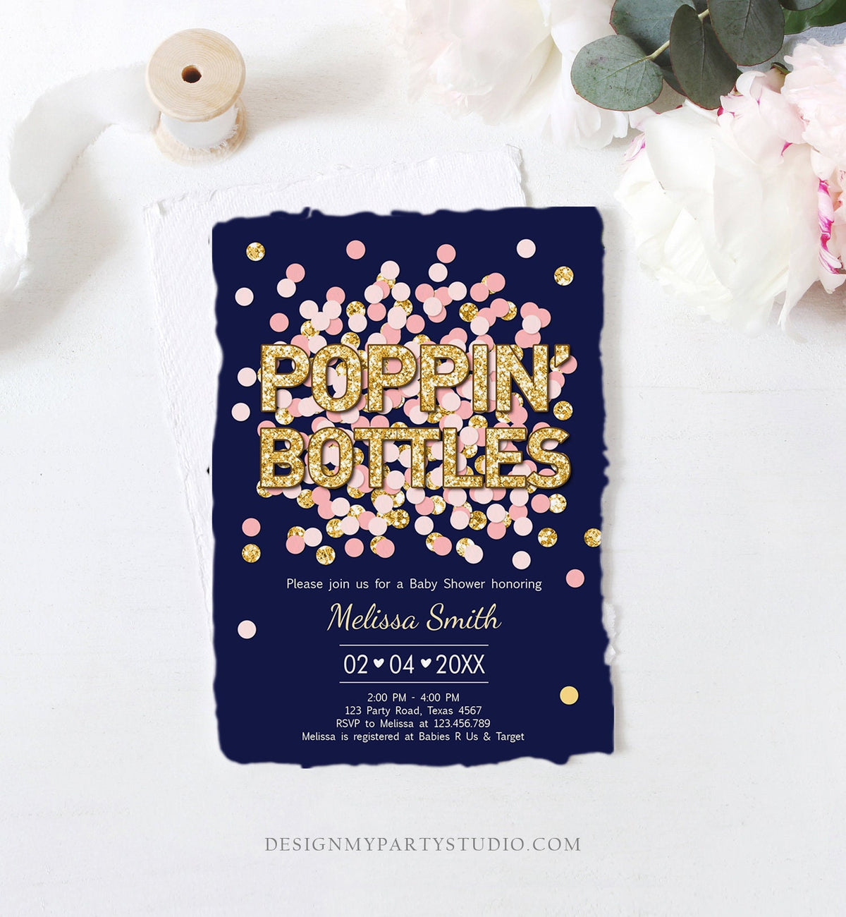 Editable Poppin&#39; Bottles Baby Shower Invitation Navy Blue Confetti Gold Couples Coed Shower Baby is Brewing Corjl Template Printable 0114