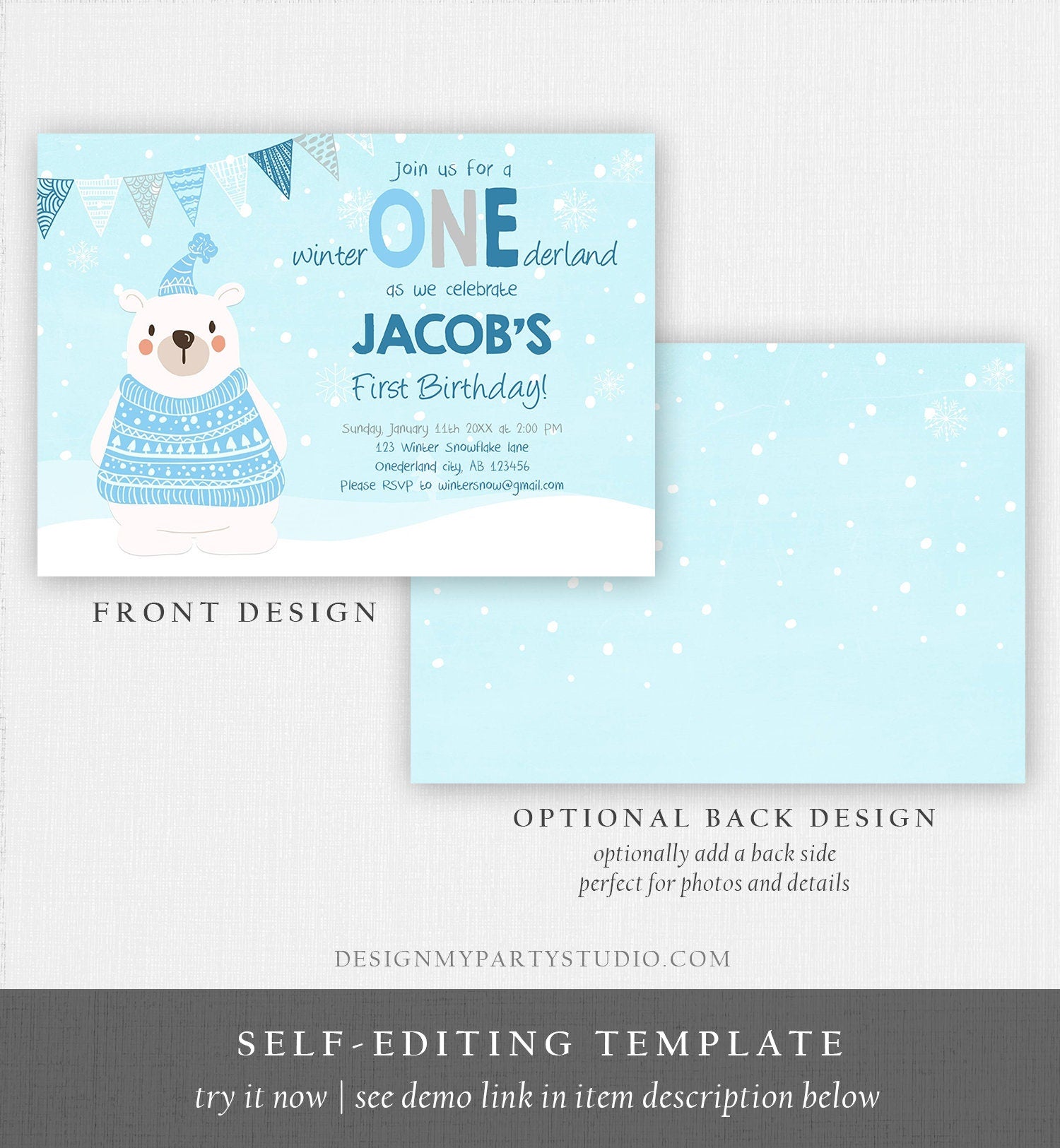 Editable Winter ONEderland Birthday Invitation 1st Birthday Boy Girl Polar Bear Blue Woodland Download Printable Invite Template Corjl 0022