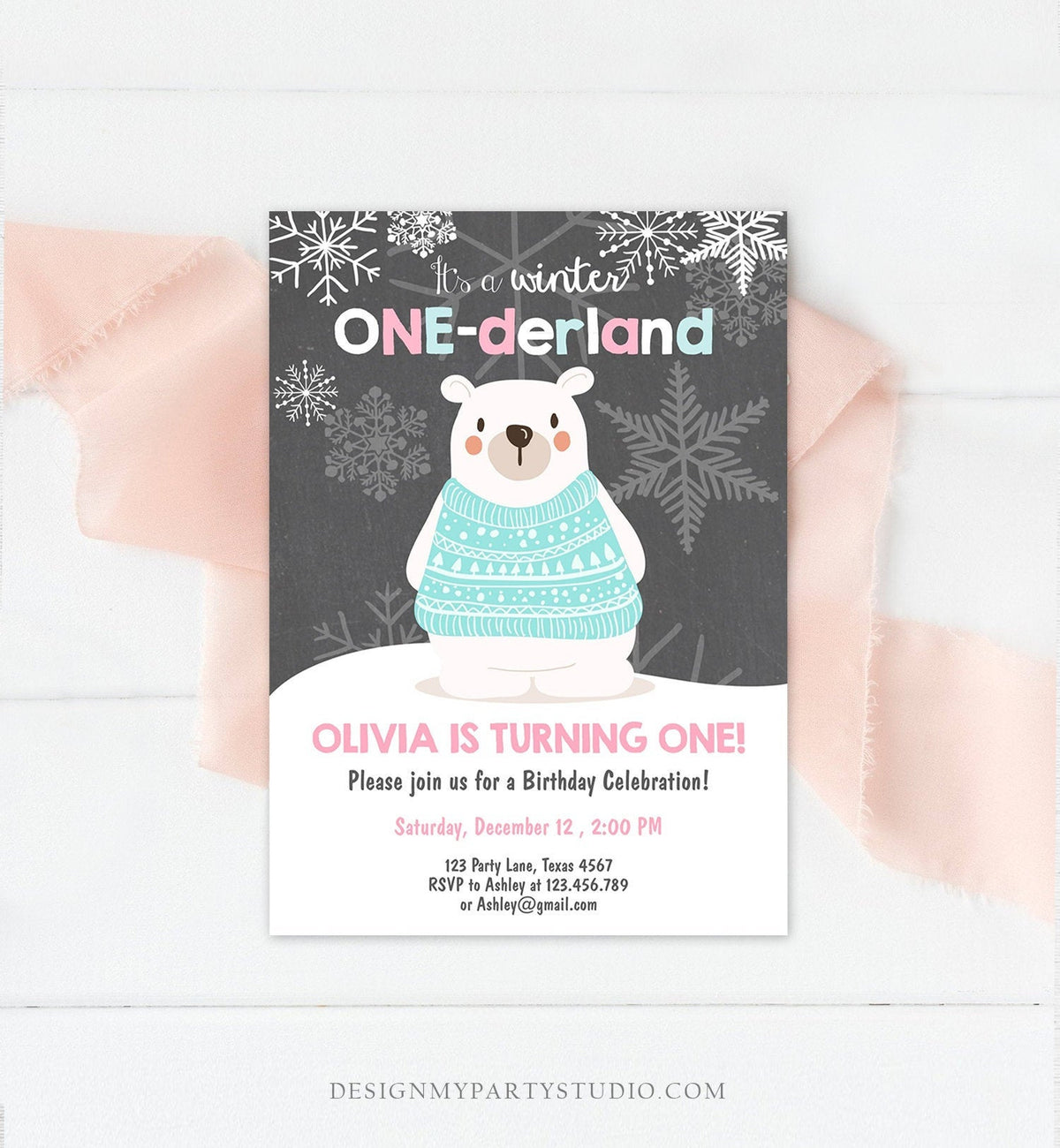 Editable Winter ONEderland Birthday Invitation 1st Birthday Girl Polar Bear Pink Download Printable Invitation Template Corjl 0022