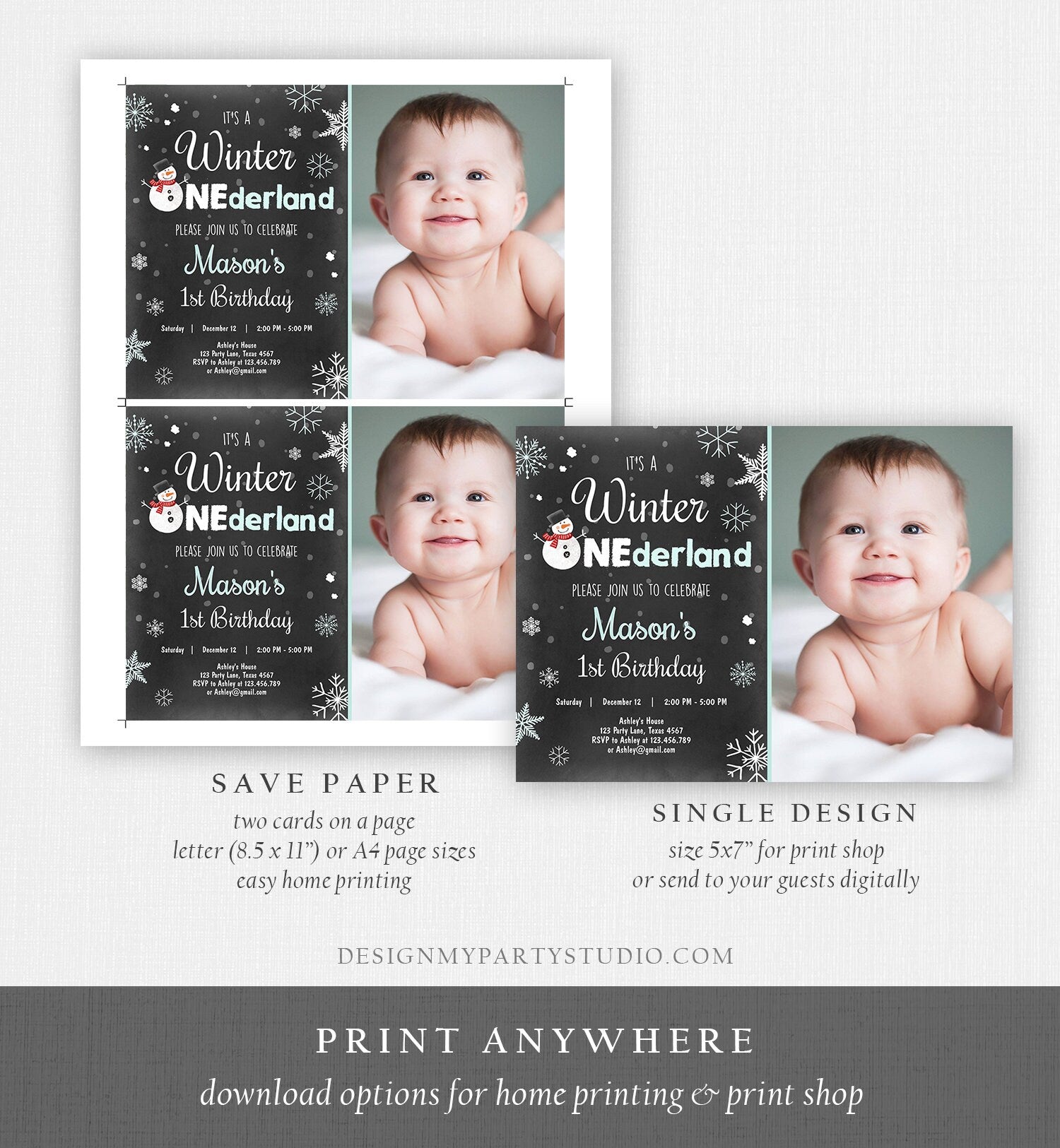 Editable Winter ONEderland Birthday Invitation 1st Birthday Snowman Boy Mint Blue Download Printable Invite Template Corjl Digital 0022