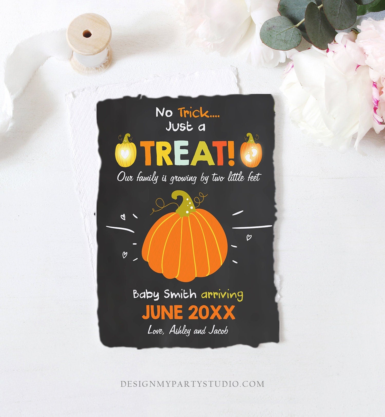 Editable Pumpkin Pregnancy Announcement Halloween Trick or Treat Little Feet Thanksgiving Fall Autumn Download Corjl Template Printable 0312