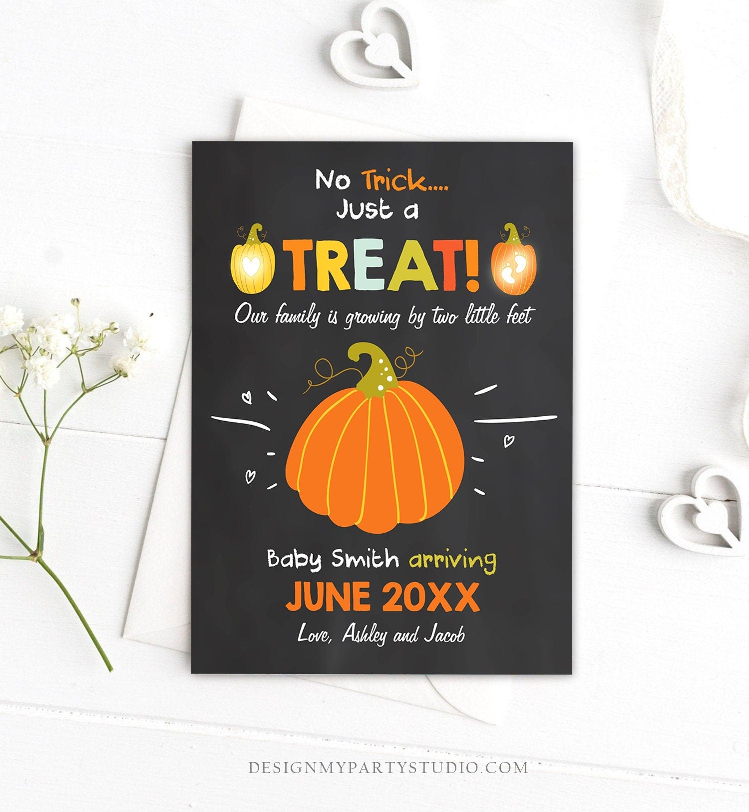 Editable Pumpkin Pregnancy Announcement Halloween Trick or Treat Little Feet Thanksgiving Fall Autumn Download Corjl Template Printable 0312