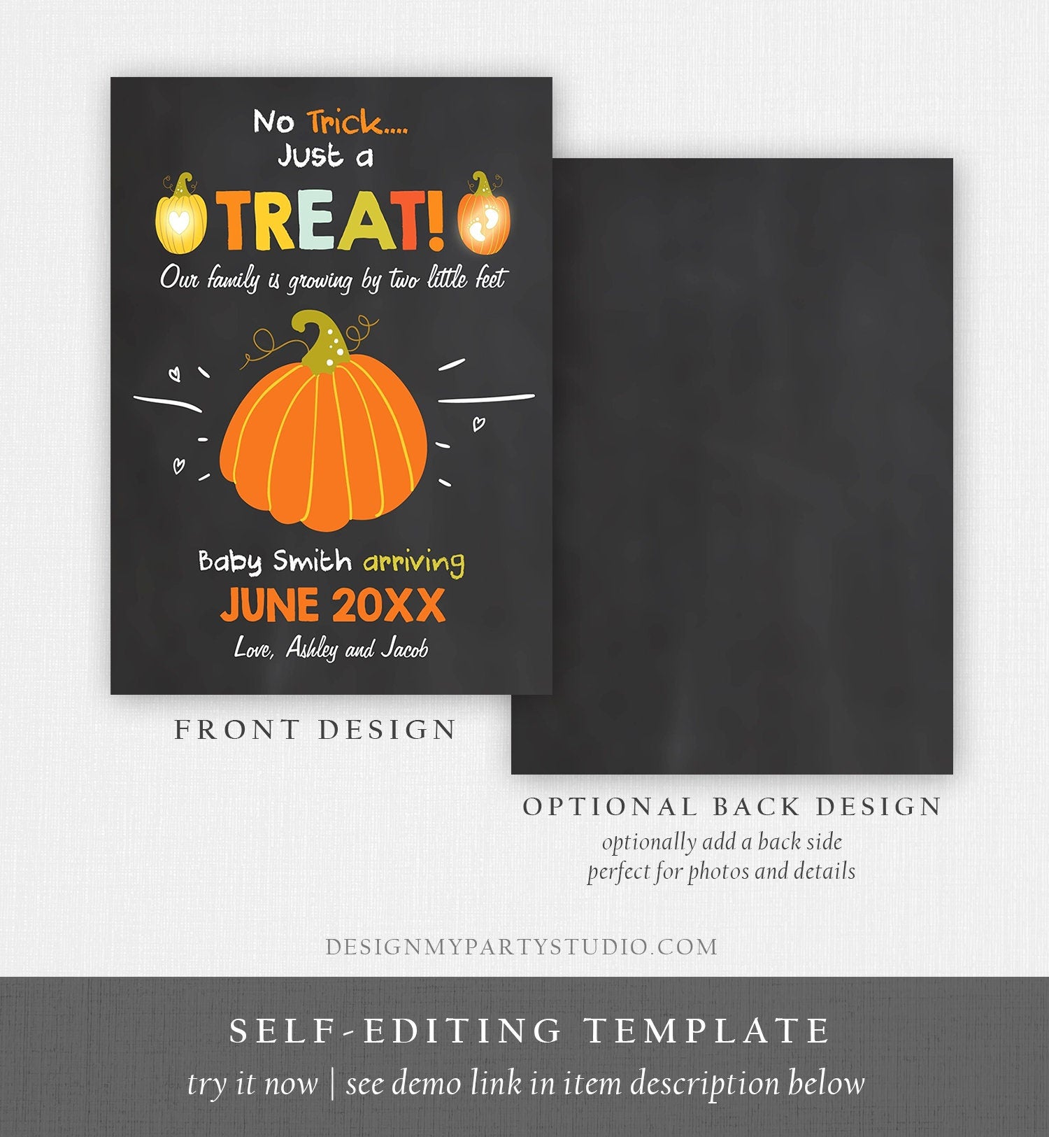 Editable Pumpkin Pregnancy Announcement Halloween Trick or Treat Little Feet Thanksgiving Fall Autumn Download Corjl Template Printable 0312