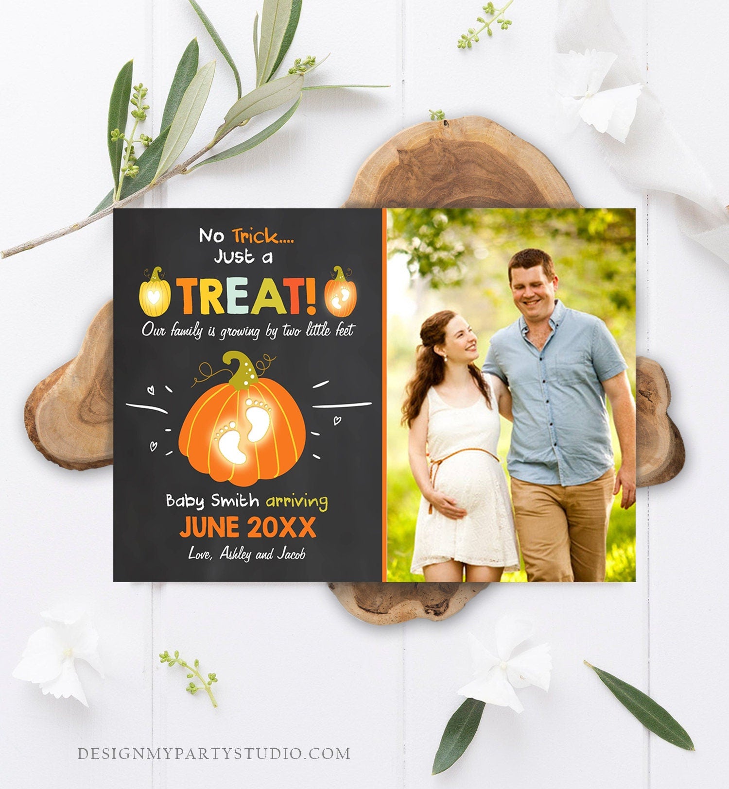 Editable Pumpkin Pregnancy Announcement Halloween Trick or Treat Little Feet Thanksgiving Fall Autumn Download Corjl Template Printable 0312