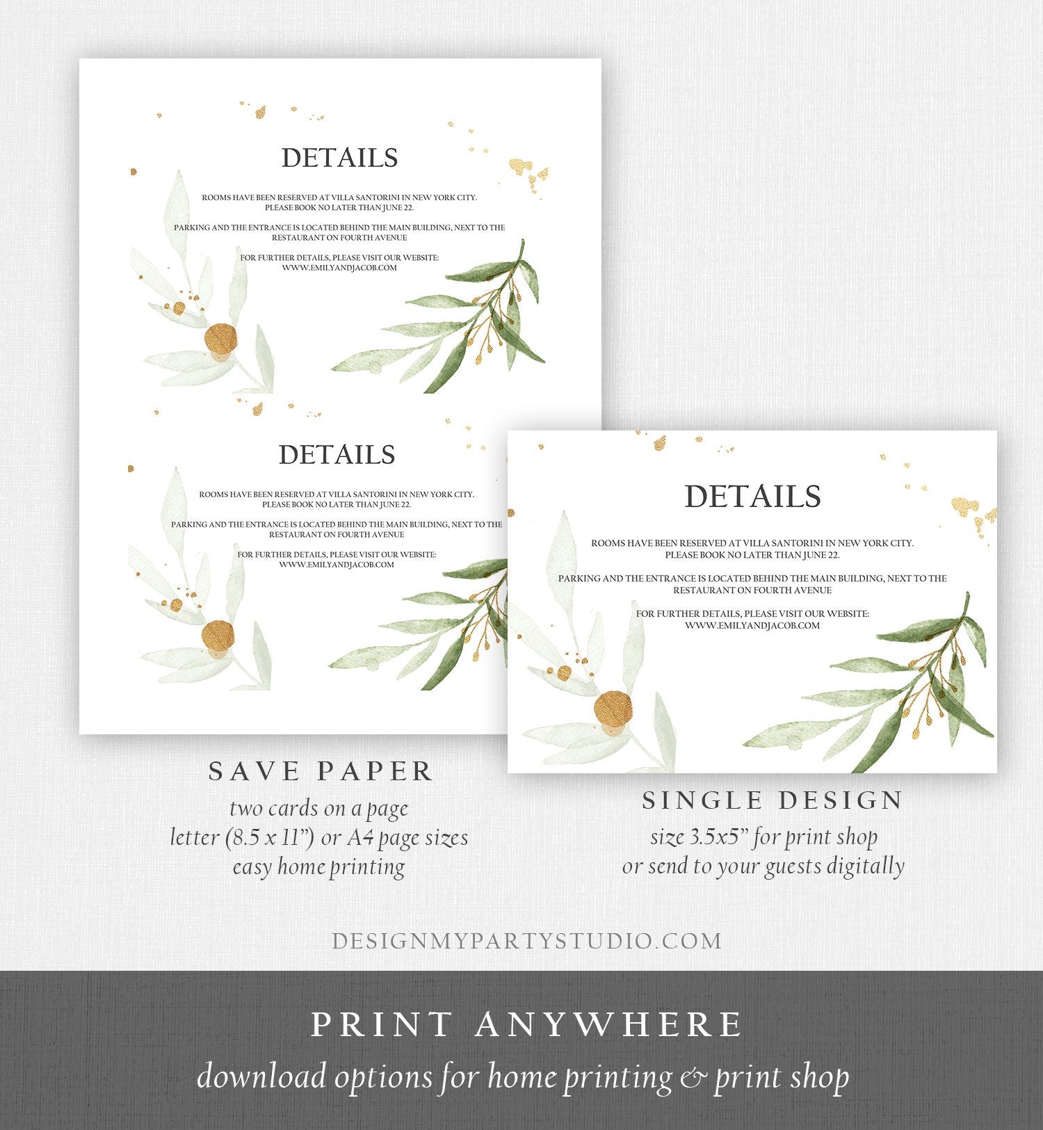 Editable Gold Greenery Details Card Wedding Enclosure Card Insert Card Boho Bohemian Wedding Information Gold Leaves Corjl Template 0168