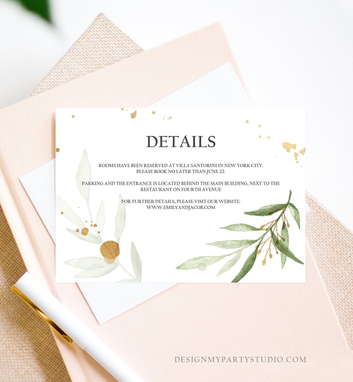 Editable Gold Greenery Details Card Wedding Enclosure Card Insert Card Boho Bohemian Wedding Information Gold Leaves Corjl Template 0168