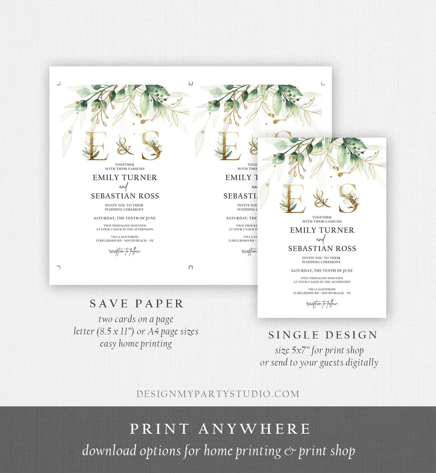 Editable Gold Greenery Wedding Invitation Suite Set Watercolor Boho Gold Leaves Botanical Bohemian Monogram Digital Corjl Printable 0168