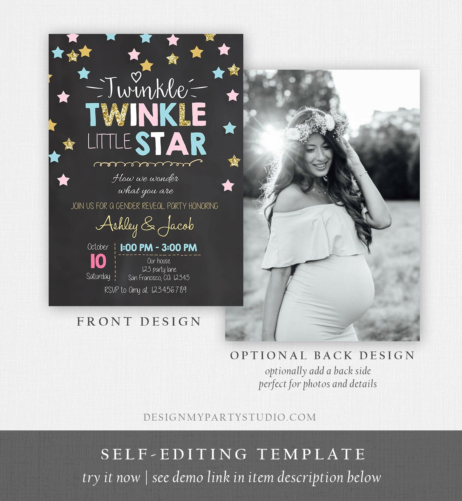 Editable Twinkle Little Star Gender Reveal Invitation Baby Shower Blue or Pink He or She Little Star Download Corjl Template Printable 0028