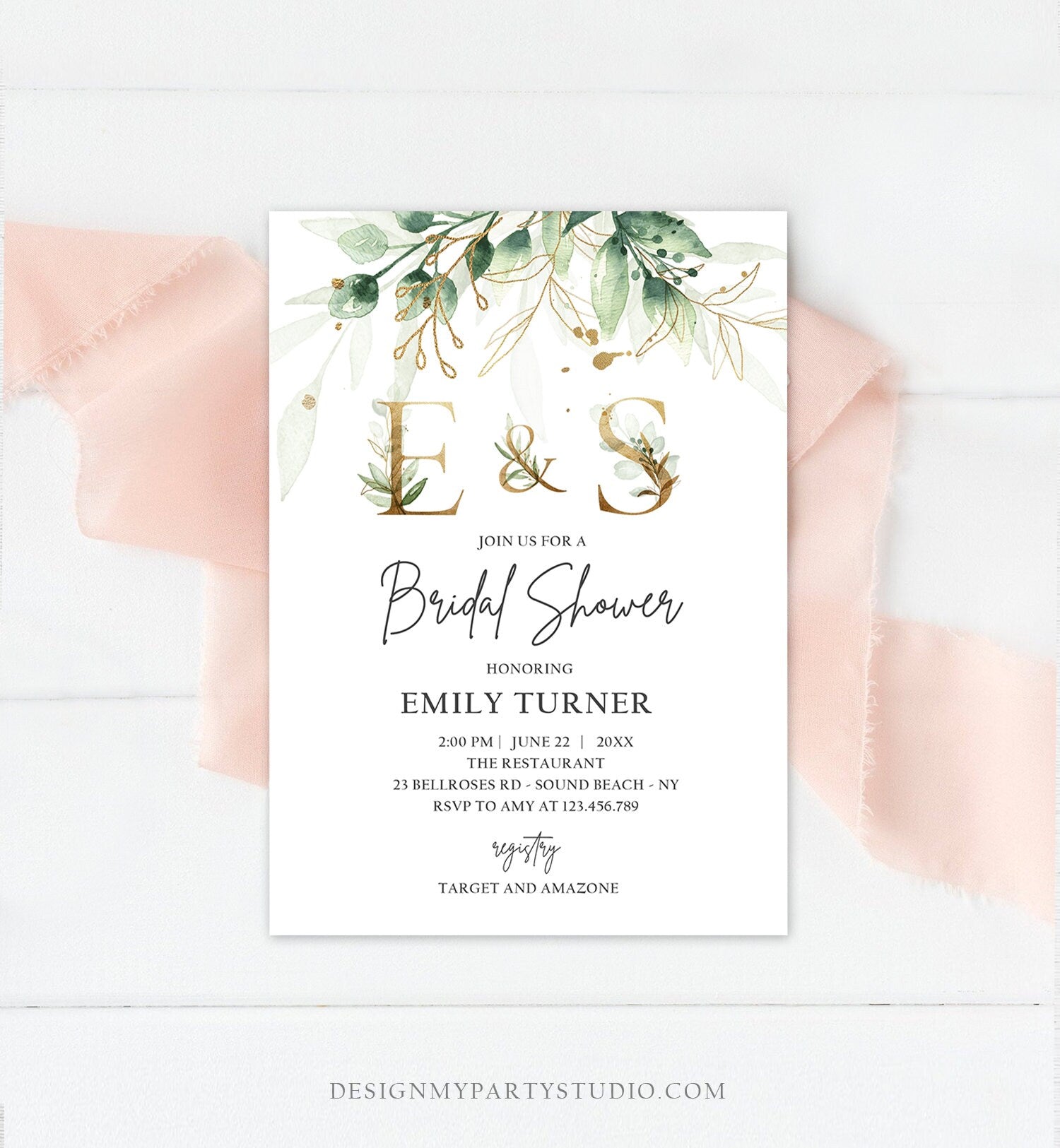 Editable Gold Greenery Monogram Bridal Shower Invitation Bohemian Green Floral Gold Leaves Botanical Flowers Corjl Template Printable 0168