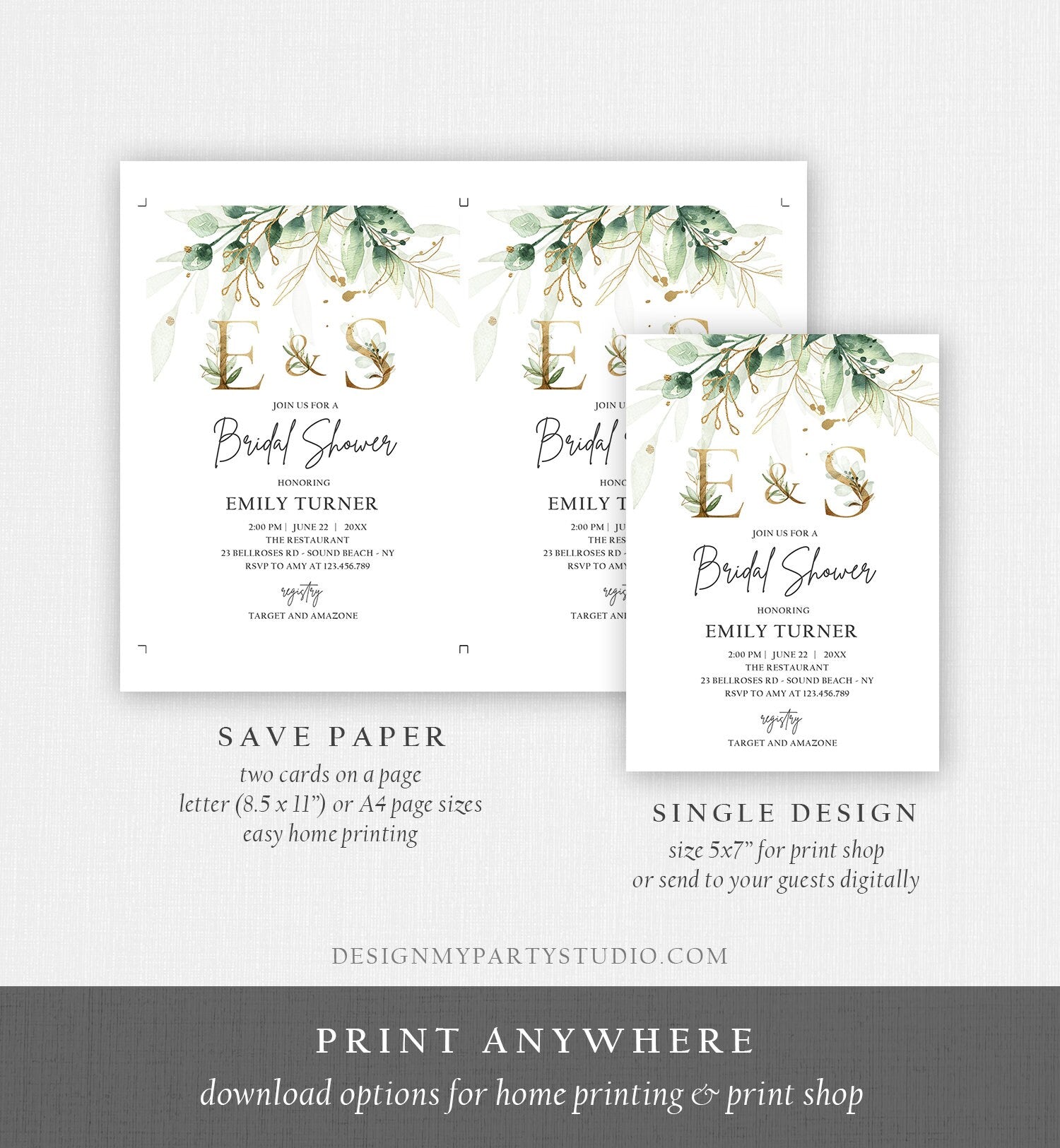 Editable Gold Greenery Monogram Bridal Shower Invitation Bohemian Green Floral Gold Leaves Botanical Flowers Corjl Template Printable 0168