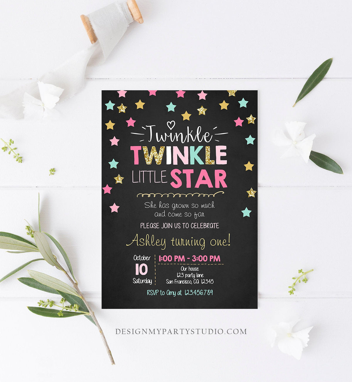 Editable Twinkle Little Star Birthday Invitation Pink Blue Mint Gold Girl First Birthday Chalk Stars Download Corjl Template Printable 0028