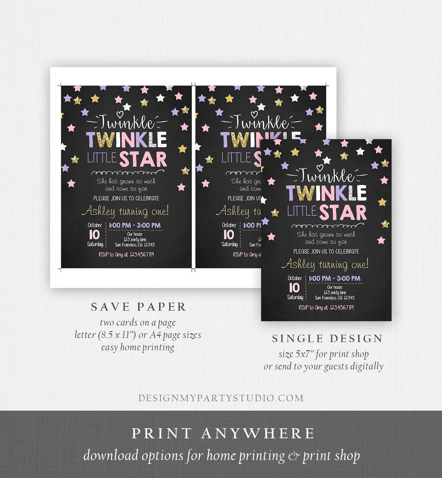 Editable Twinkle Little Star Birthday Invitation Pink Purple Gold Silver Girl First Birthday Chalk Stars Corjl Template Printable 0028