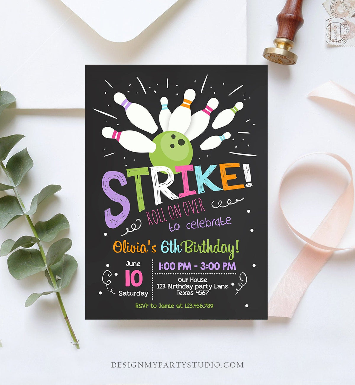 Editable Bowling Birthday Invitation Girls Pink Purple Bowling Party Strike Kids Instant Download Printable Invitation Template Corjl 0081