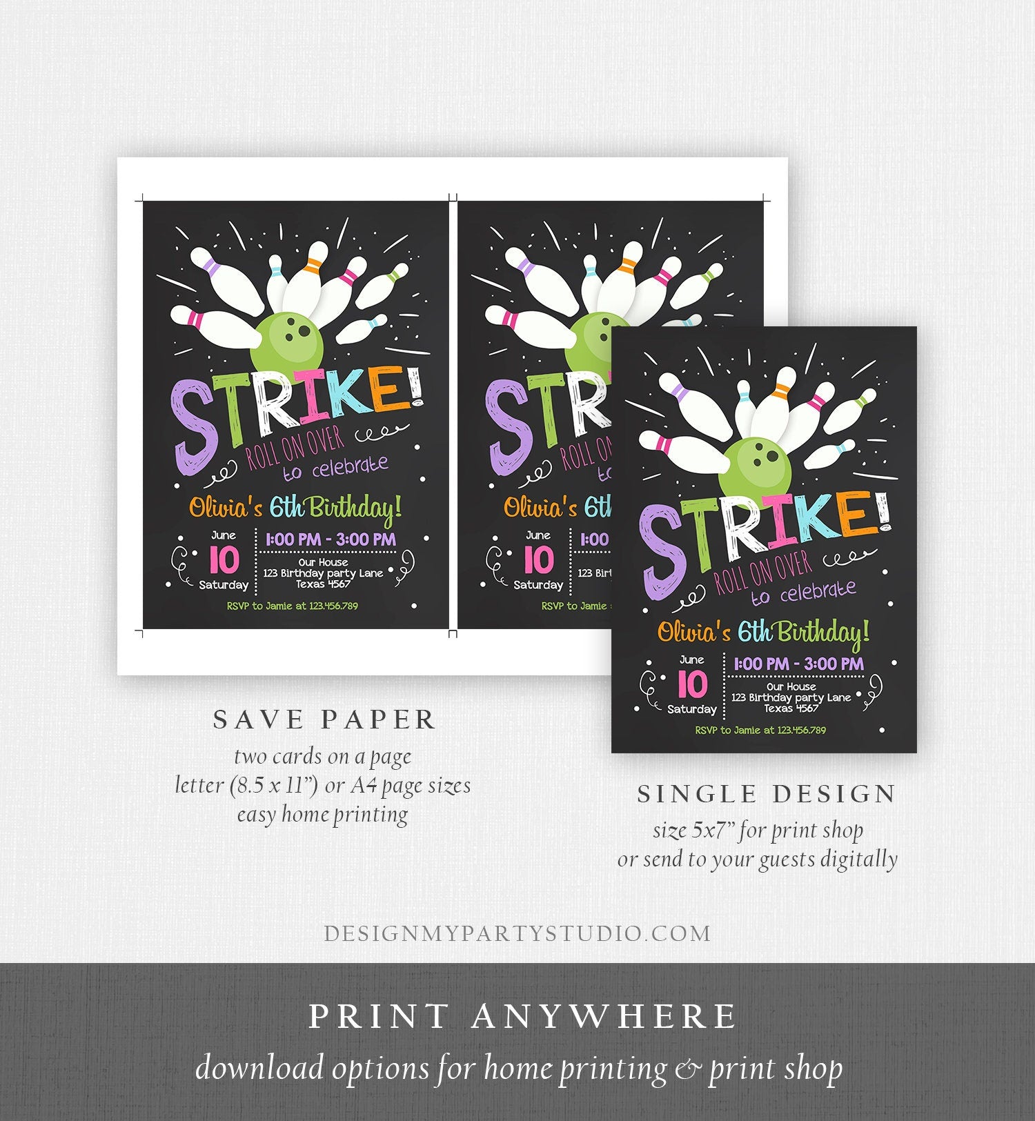 Editable Bowling Birthday Invitation Girls Pink Purple Bowling Party Strike Kids Instant Download Printable Invitation Template Corjl 0081