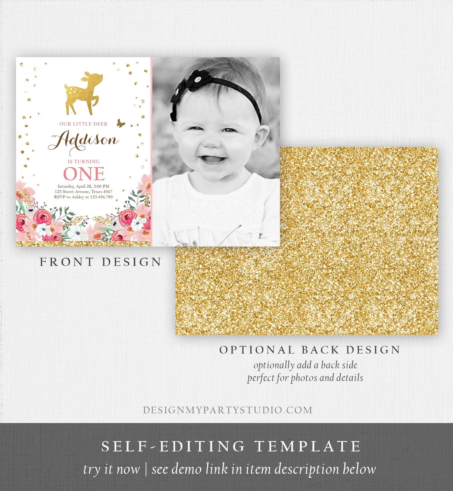 Editable Little Deer Birthday Invitation Pink Gold Girl First Birthday 1st Antler Woodland Digital Download Corjl Template Printable 0060