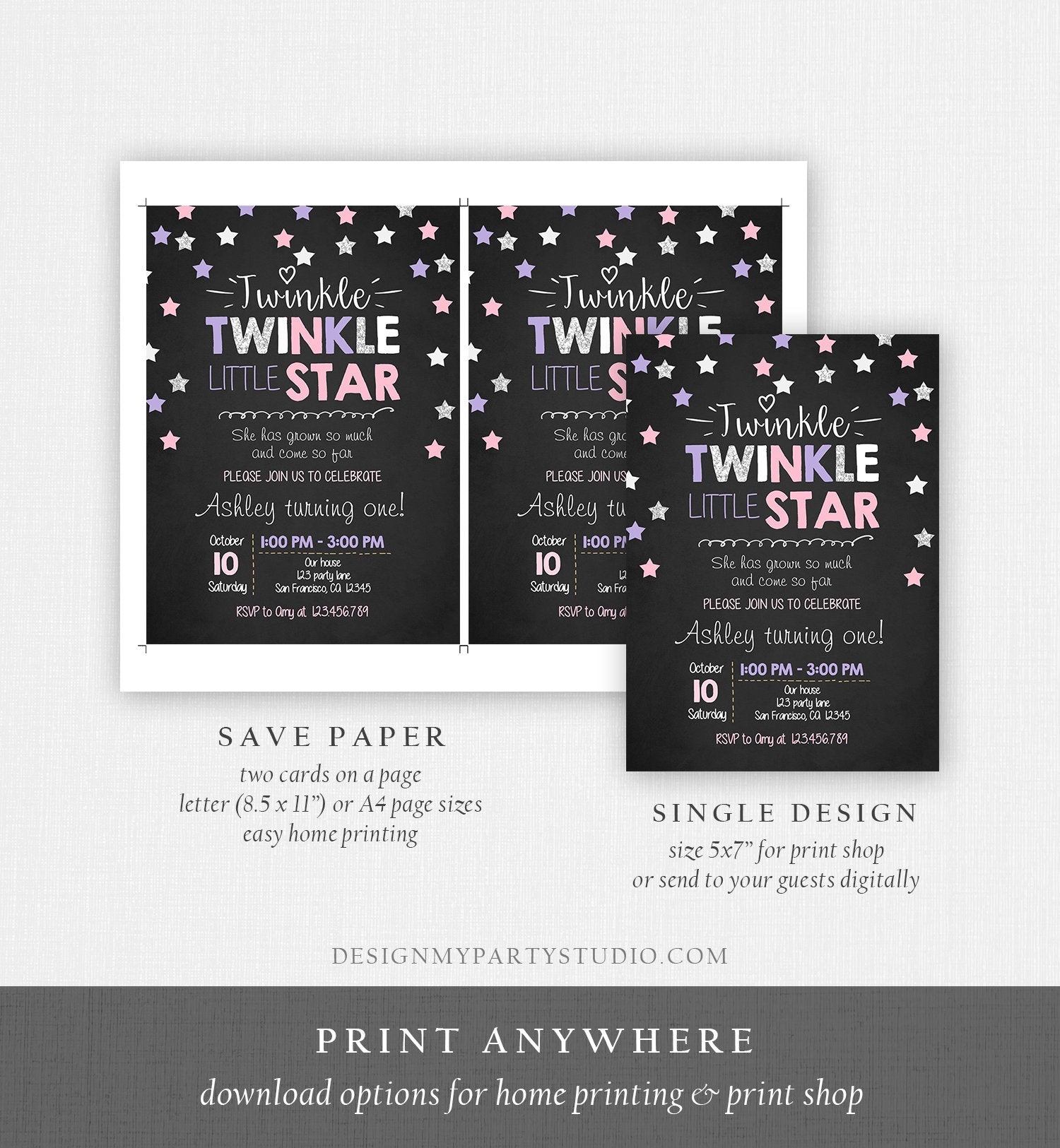 Editable Twinkle Little Star Birthday Invitation Pink Purple Silver Girl First Birthday Chalk Stars Download Corjl Template Printable 0028