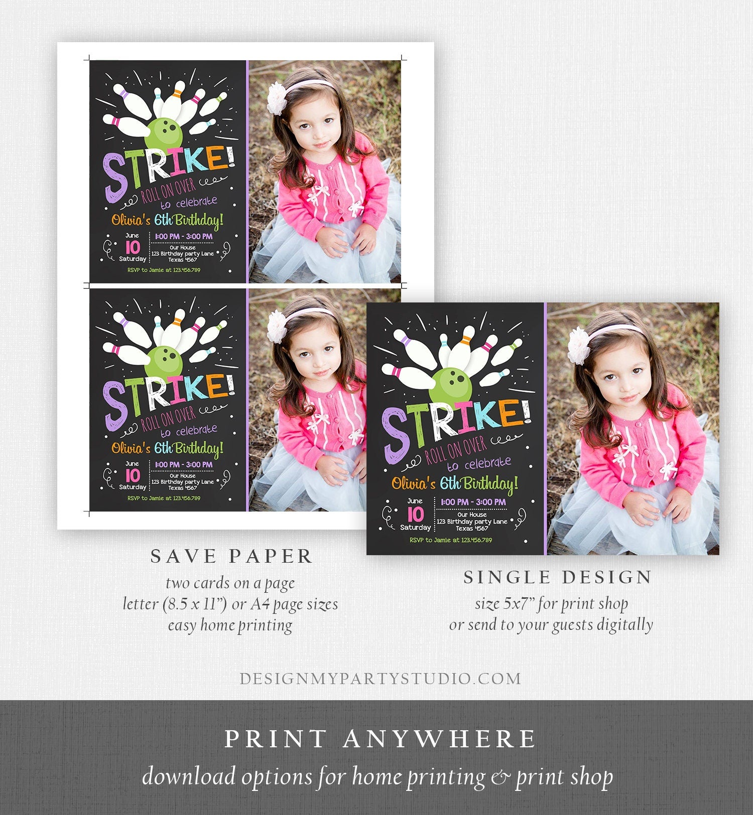 Editable Bowling Birthday Invitation Girls Pink Purple Bowling Party Strike Kids Instant Download Printable Invitation Template Corjl 0081