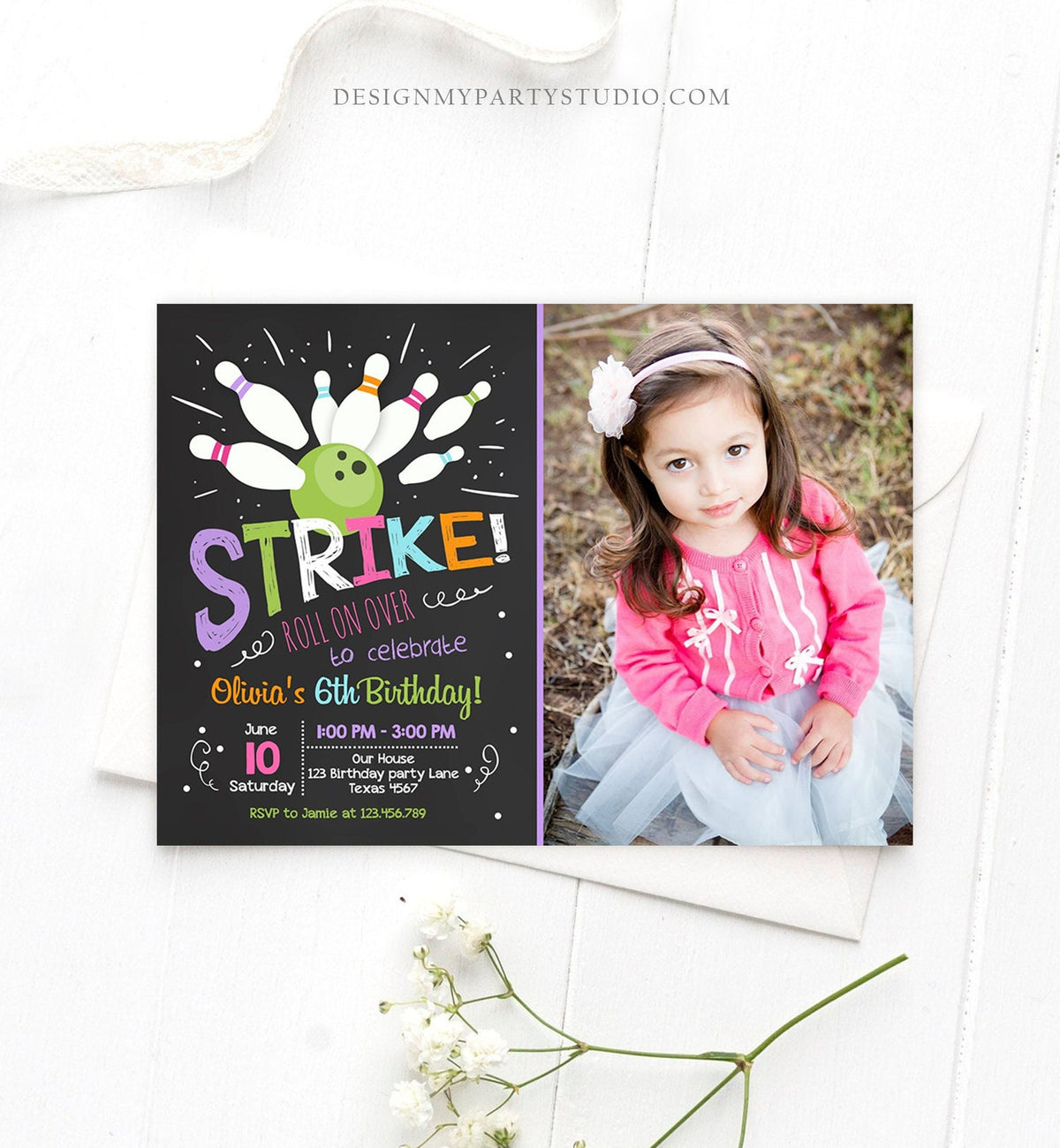 Editable Bowling Birthday Invitation Girls Pink Purple Bowling Party Strike Kids Instant Download Printable Invitation Template Corjl 0081